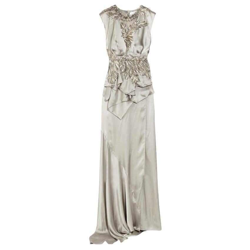 Julien Macdonald Silk Silver Feather Applique Gown - Size US 4 at 1stDibs