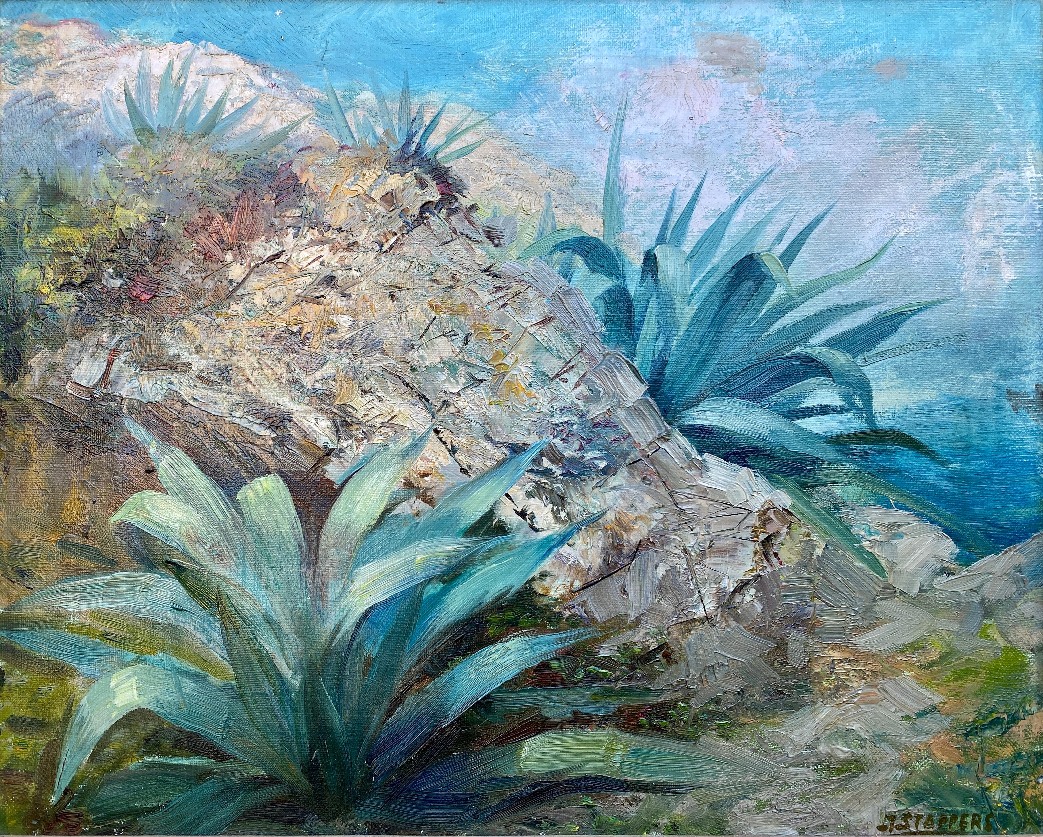 Una vista costiera con agave, Julien Stappers, Chenee 1875 - 1950, pittore belga in vendita 1