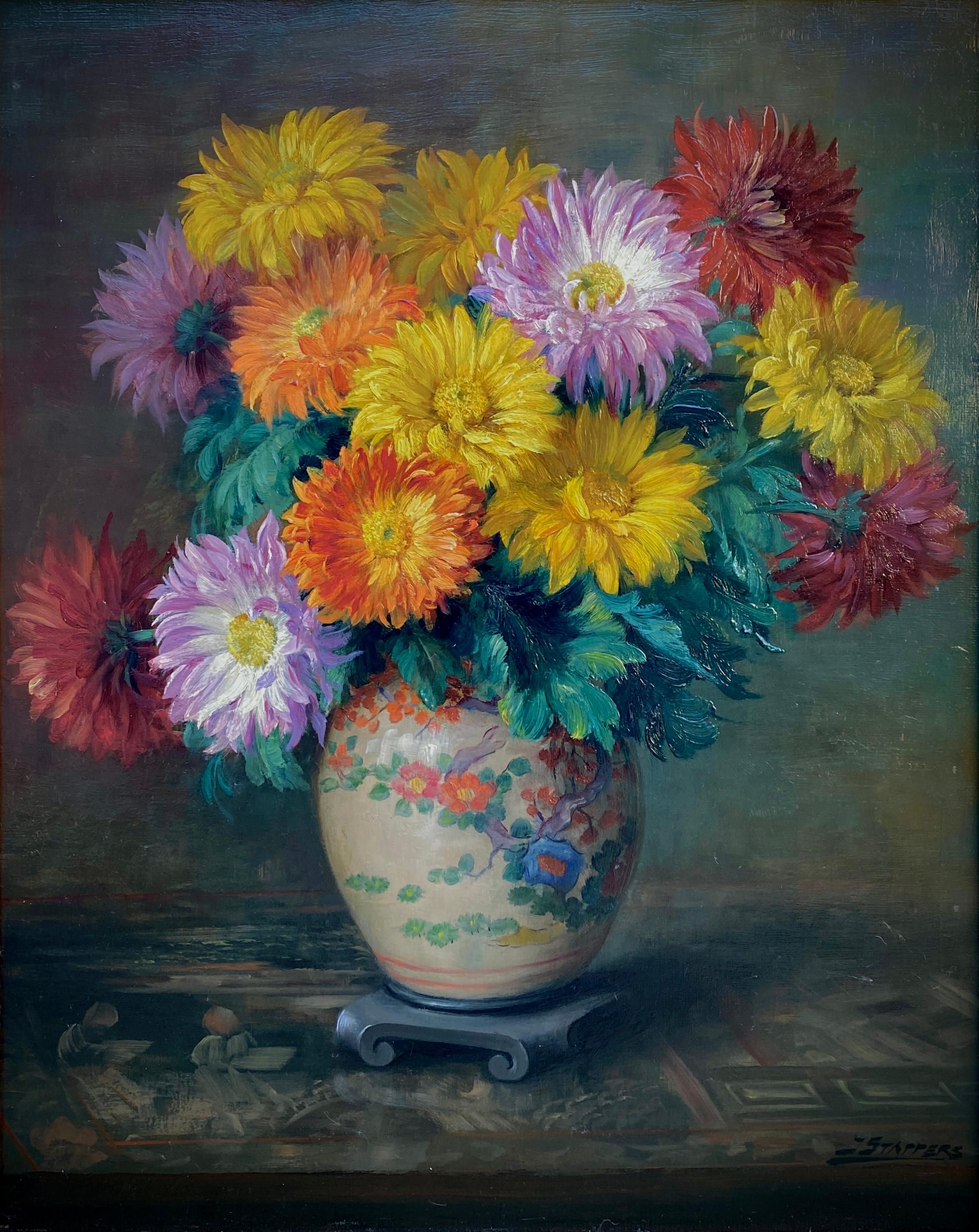 Gerberasträußchen in einer chinesischen Vase, Julien Stappers, Chenee 1875 - 1950 1