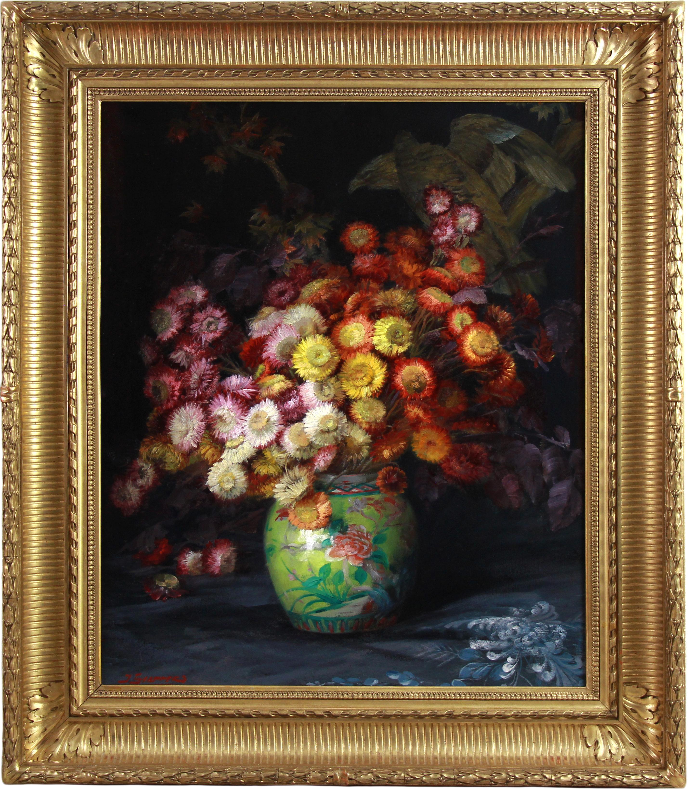 An exceptional signed Belgian Impressionist still life by Julien Stappers (1875–1960), created circa 1920.

This richly atmospheric oil painting presents an abundant bouquet of red, pink, yellow and cream-coloured flowers arranged in a luminous