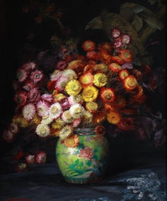 Oil On Canvas "Still life with flowers and Chinese vase" By Julien Stappers