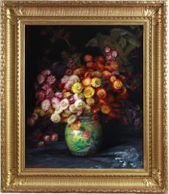 Antique Oil On Canvas "Still life with flowers and Chinese vase" By Julien Stappers