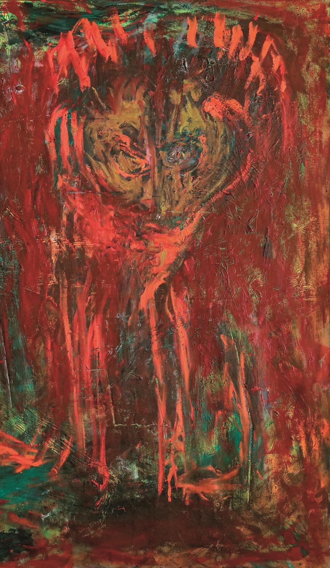 Telekinesis lesson Julien Wolf peinture d'art contemporaine expressionniste rouge brut en vente 1