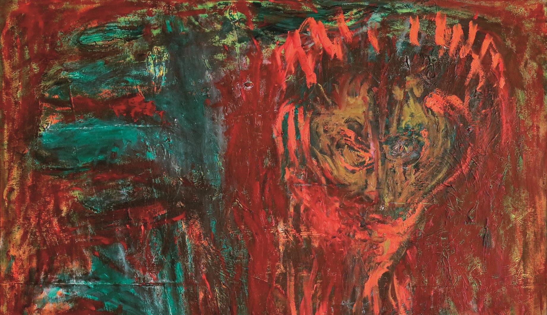 Telekinesis lesson Julien Wolf peinture d'art contemporaine expressionniste rouge brut en vente 2