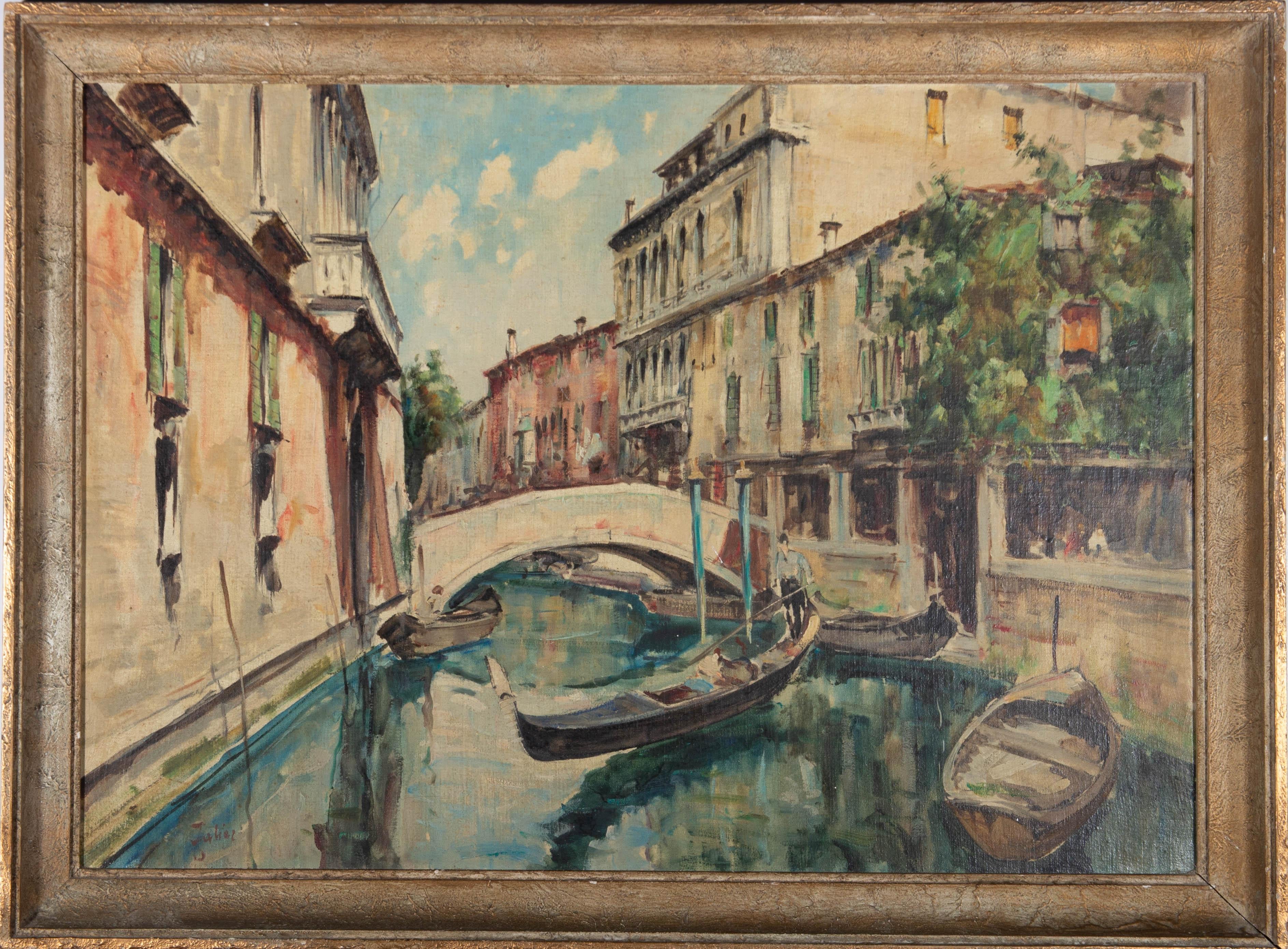 An impressionistic view along a Venetian canal. Presented in a textured gilt-effect wooden frame. Signed to the lower-left edge. On canvas board.
