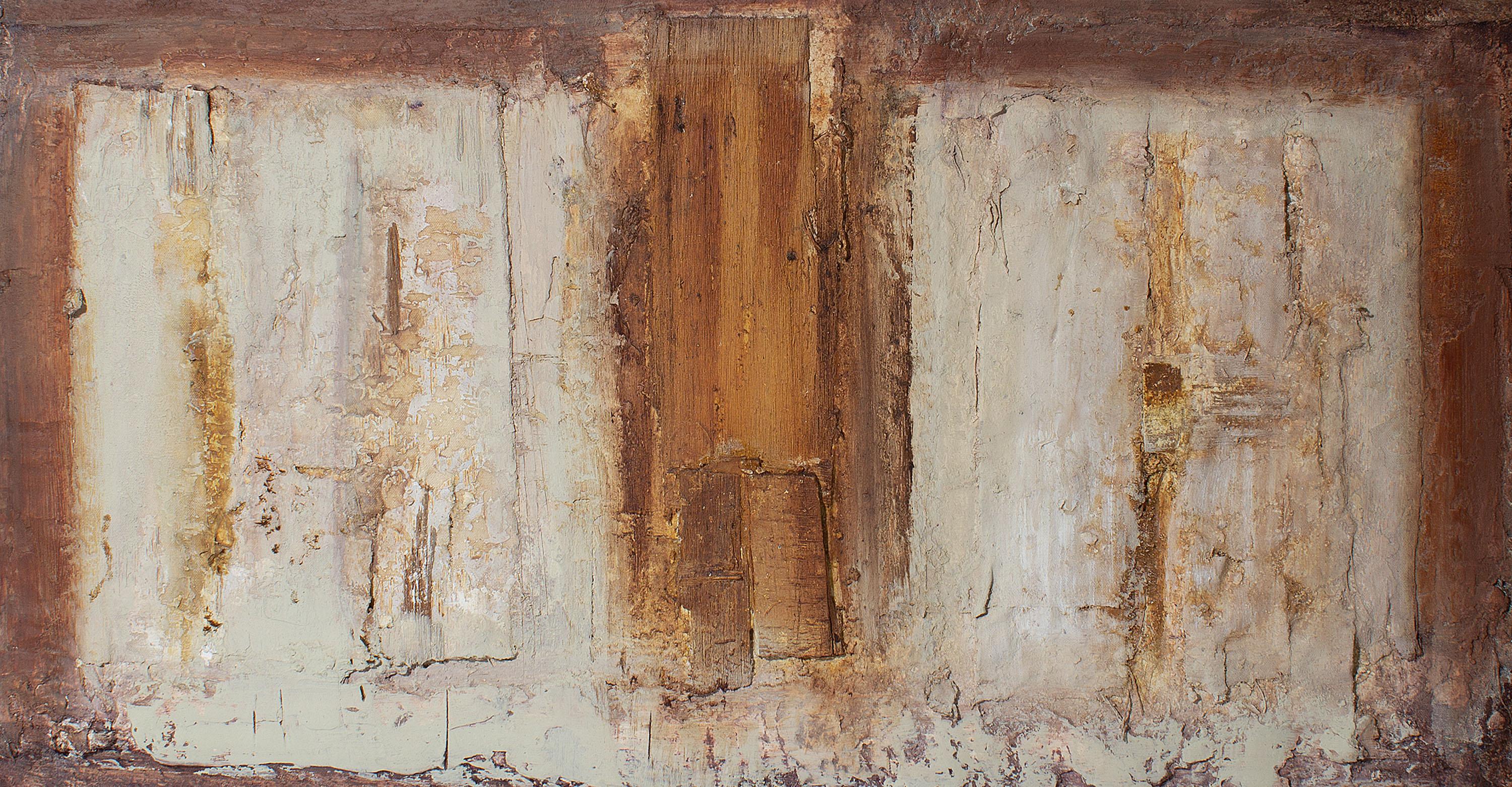 A 1997 mixed media wall assemblage titled, Suma VI by the American artist Juliet Holland (1937-2017). A palimpsest of paint, canvas, and wood is created in this work. A dark rose background is contrasted by an off-white rectangular design. A brown