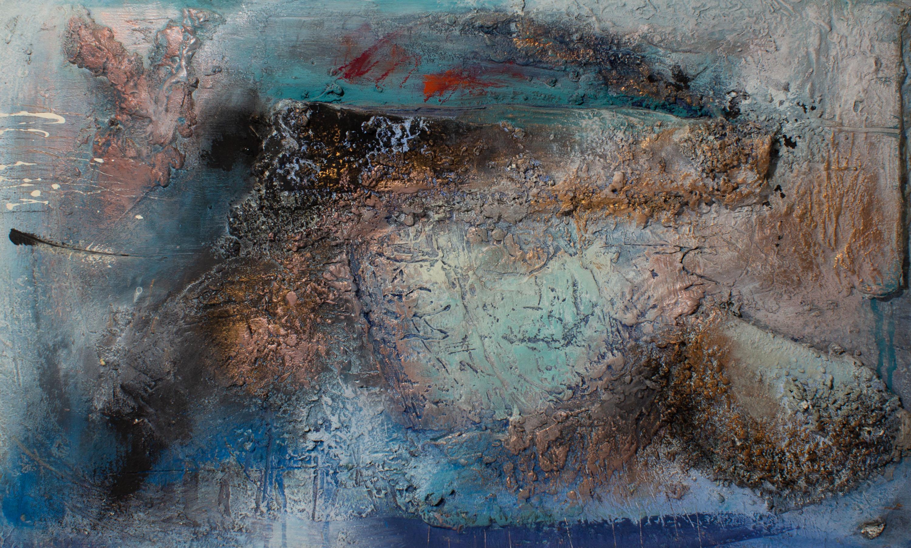 Wood Juliet Holland Signed “Blue Encrustation #2” Mixed Media Wall Assemblage For Sale