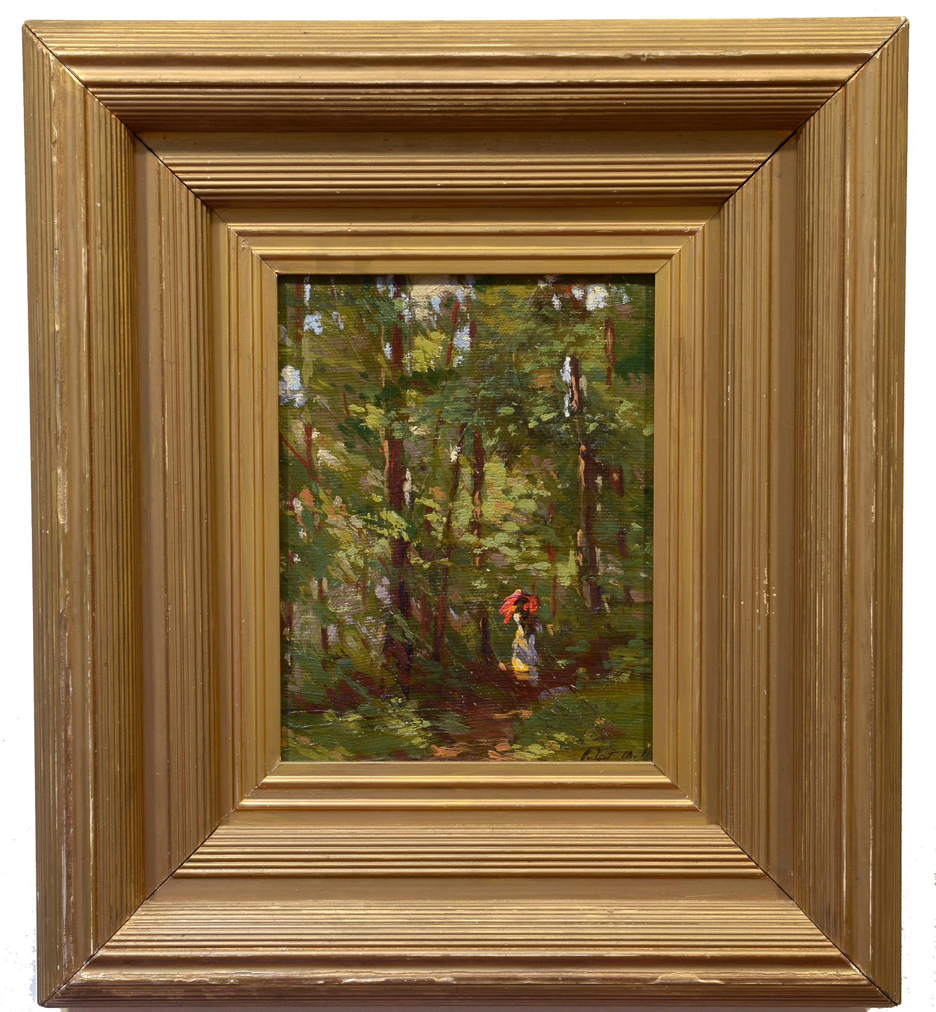 Nachnoon Stroll, amerikanischer Impressionist, Figur auf Waldweg, Landschaft – Painting von Juliet M. White