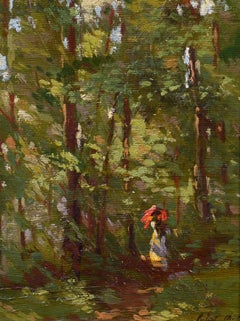 Après-midi impressionniste américain, figure sur un chemin de forêt, paysage