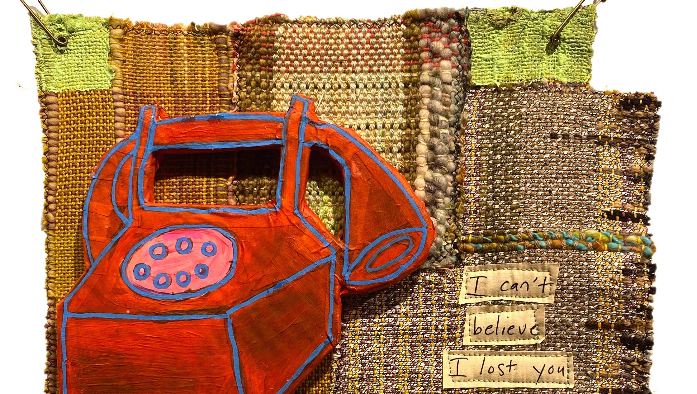 Textile wall hanging: 'Office on Monday' - Brown Still-Life Painting by Juliet Martin