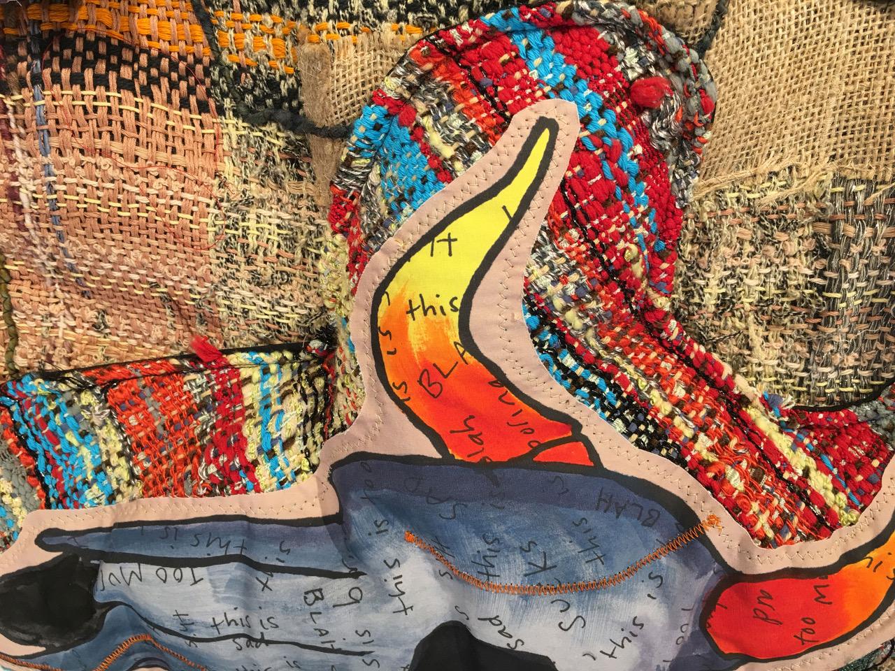 Juliet Martin makes her viewers see the message beyond the joke. Her satiric memoirs illustrate personal stories with playful forms, painful punchlines, and caustic visual one-liners.
Why fiber? Weaving fabric physically and mentally attaches her to