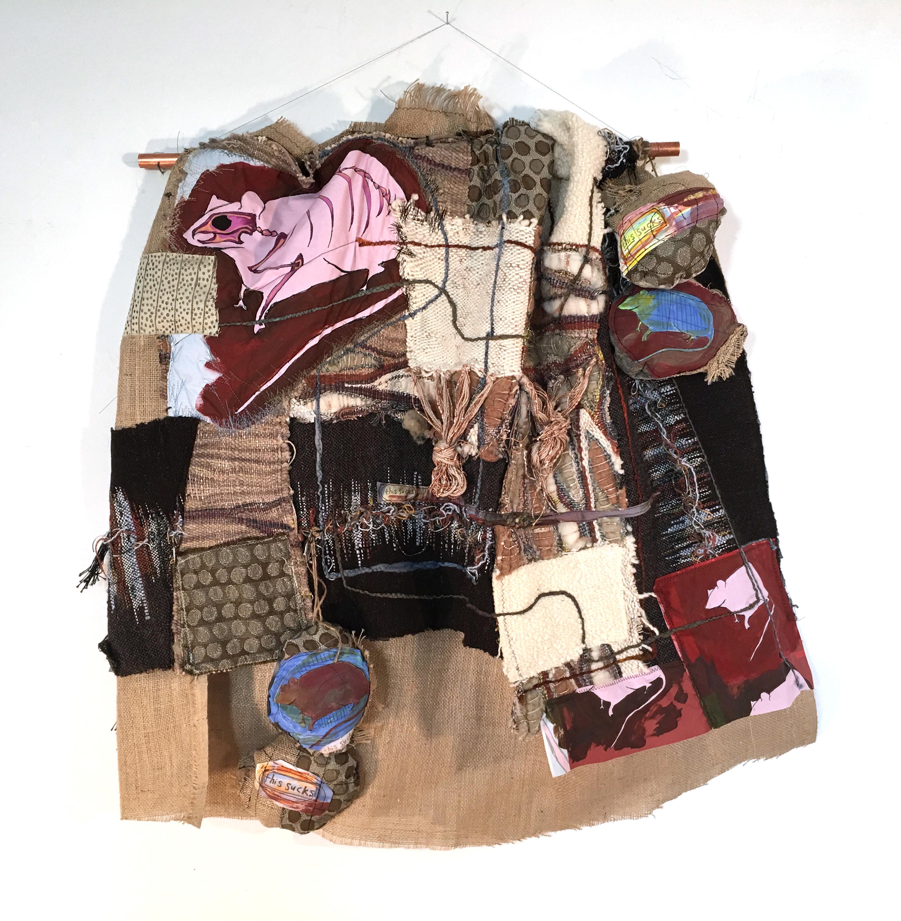 Juliet Martin Figurative Sculpture - Textile Handwoven Wall Hanging: 'Rat Race'