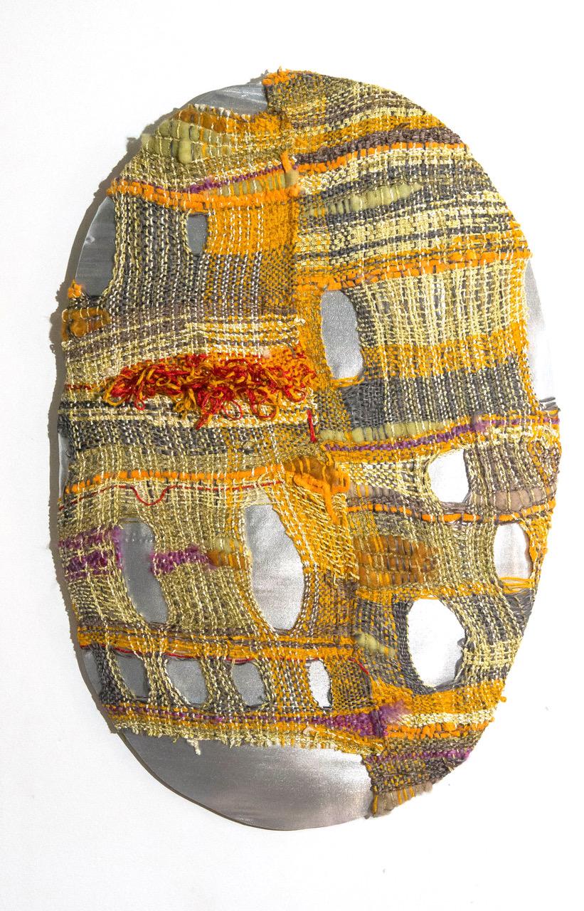 Juliet Martin Abstract Sculpture - Handwoven Textile Whimsical Wall Hanging: 'Formal Wear: Silver'