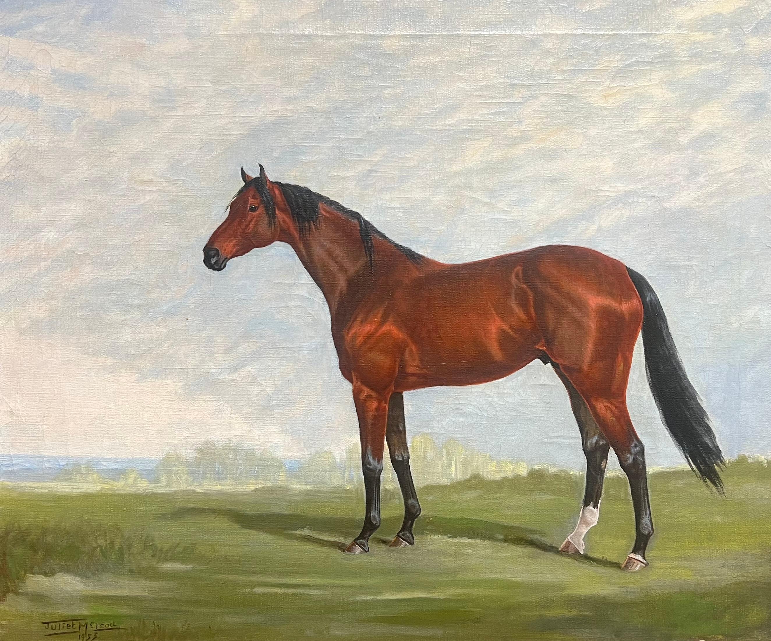 Portrait of a Thoroughbred Horse by Juliet Mcleod (British, 1917–1982), Signed & Dated 1953

This exceptional oil on canvas painting by Juliet Mcleod (British, 1917–1982) showcases a beautifully rendered portrait of a thoroughbred horse, capturing