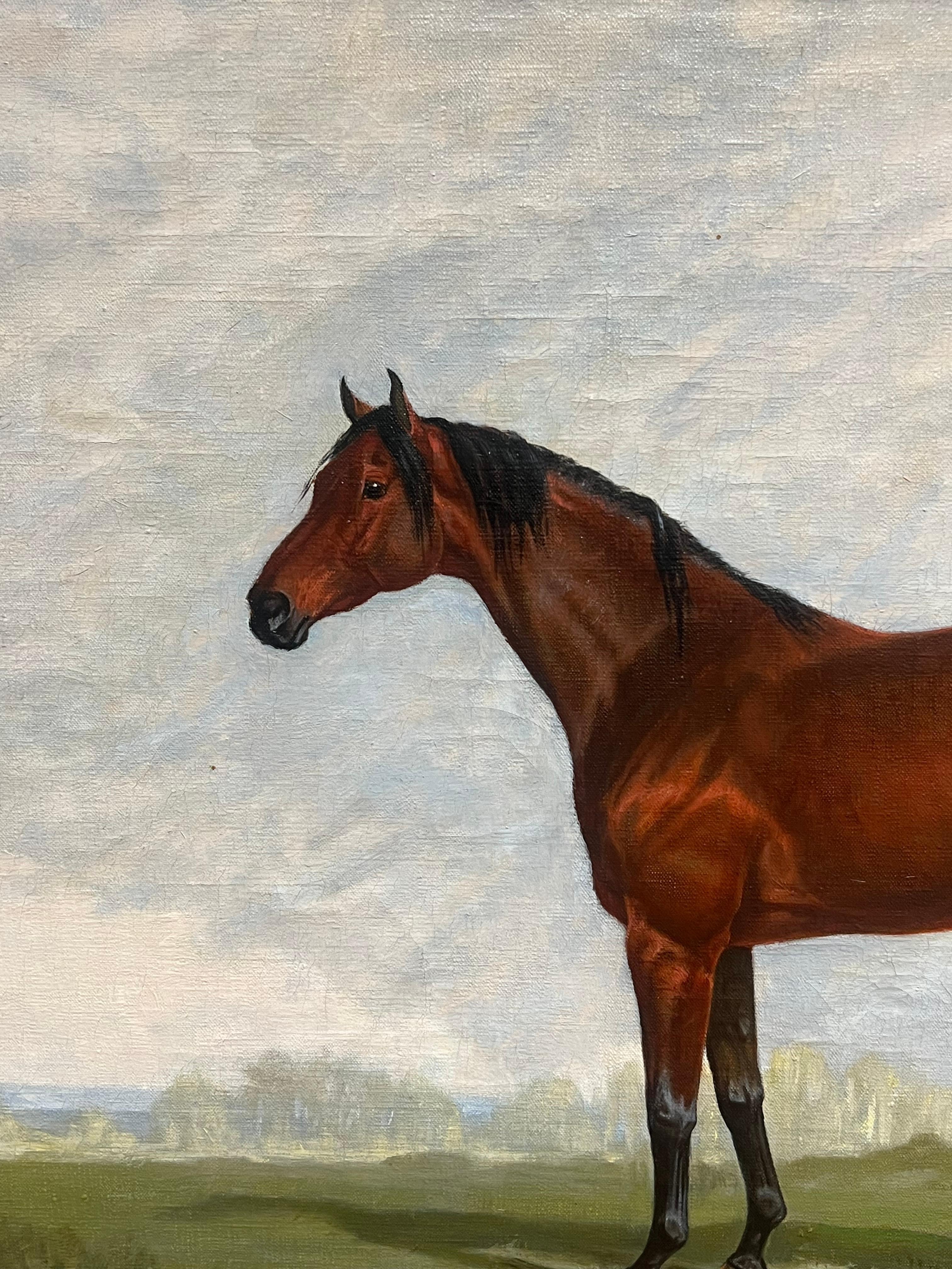 Large British Equestrian Oil Painting Portrait of Brown Horse in Landscape 1
