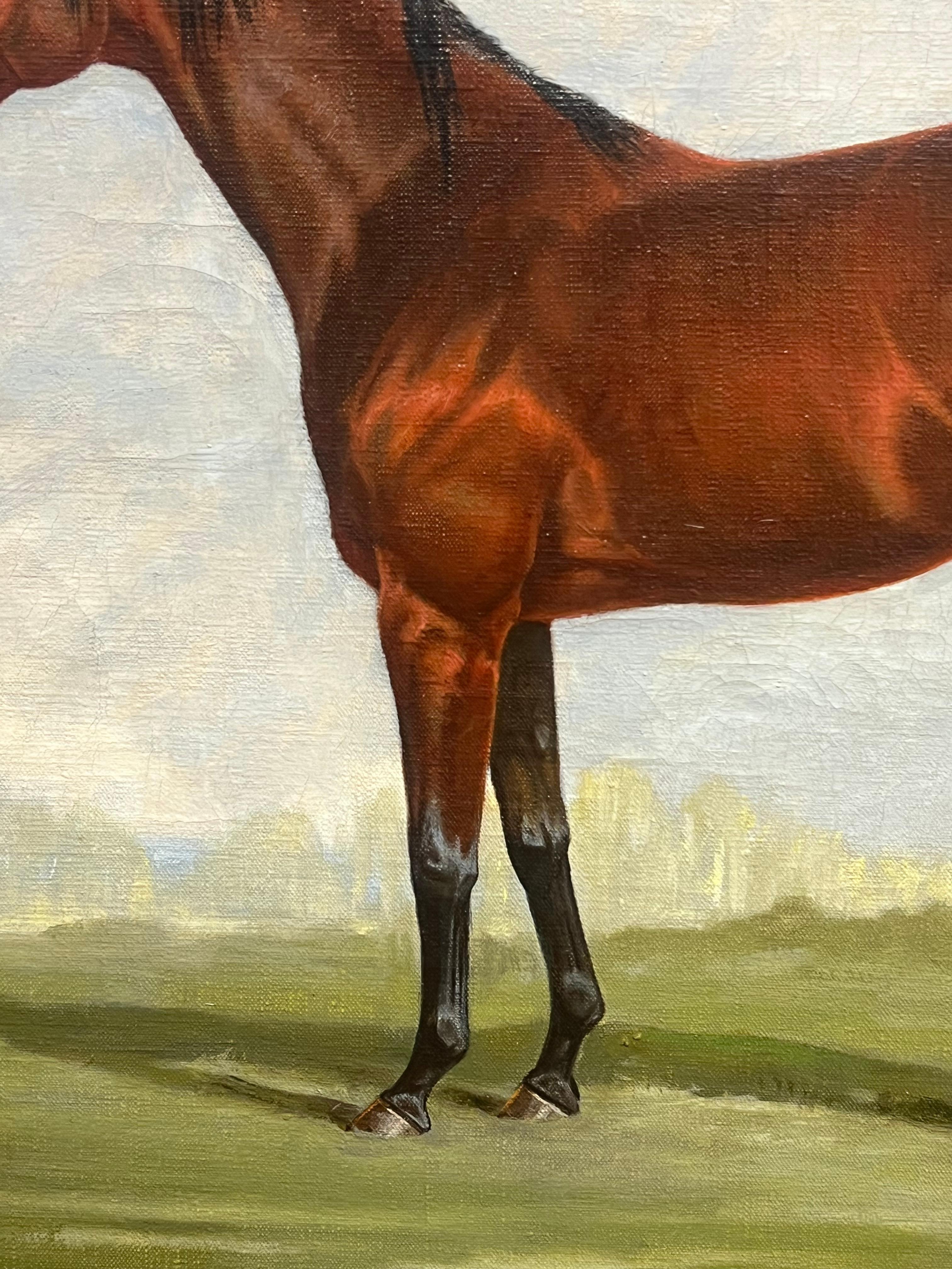 Large British Equestrian Oil Painting Portrait of Brown Horse in Landscape 4