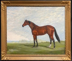 Large British Equestrian Oil Painting Portrait of Brown Horse in Landscape