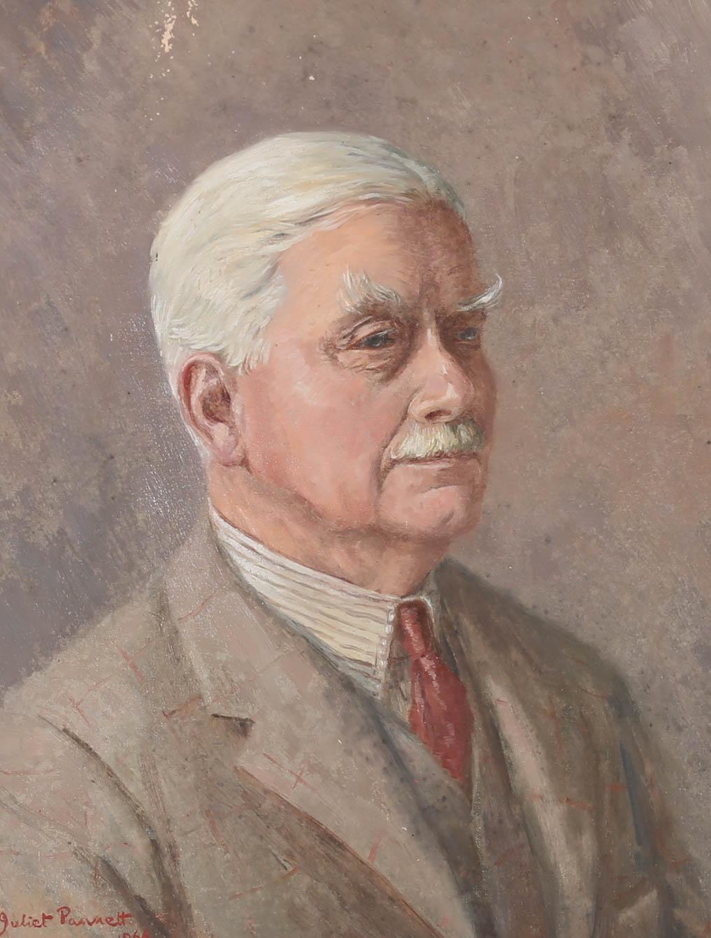A fine 20th Century portrait of a refined gentleman with impressively groomed eyebrows. The artist has signed and dated to the lower left corner and the painting has been presented in a 20th Century frame. On canvas board.
