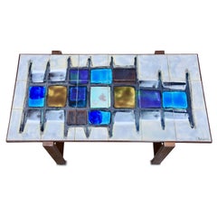Juliette Belarti, Tiled Coffee Table ‘Signed’ Blue and Ocher Glazes, Steel Base