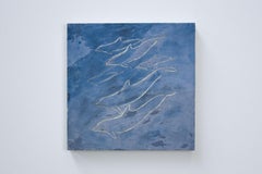 Goldener Delphin (Delphes Tale) Blaues Fresco-Gemälde mit Blattgold auf Holzplatte 