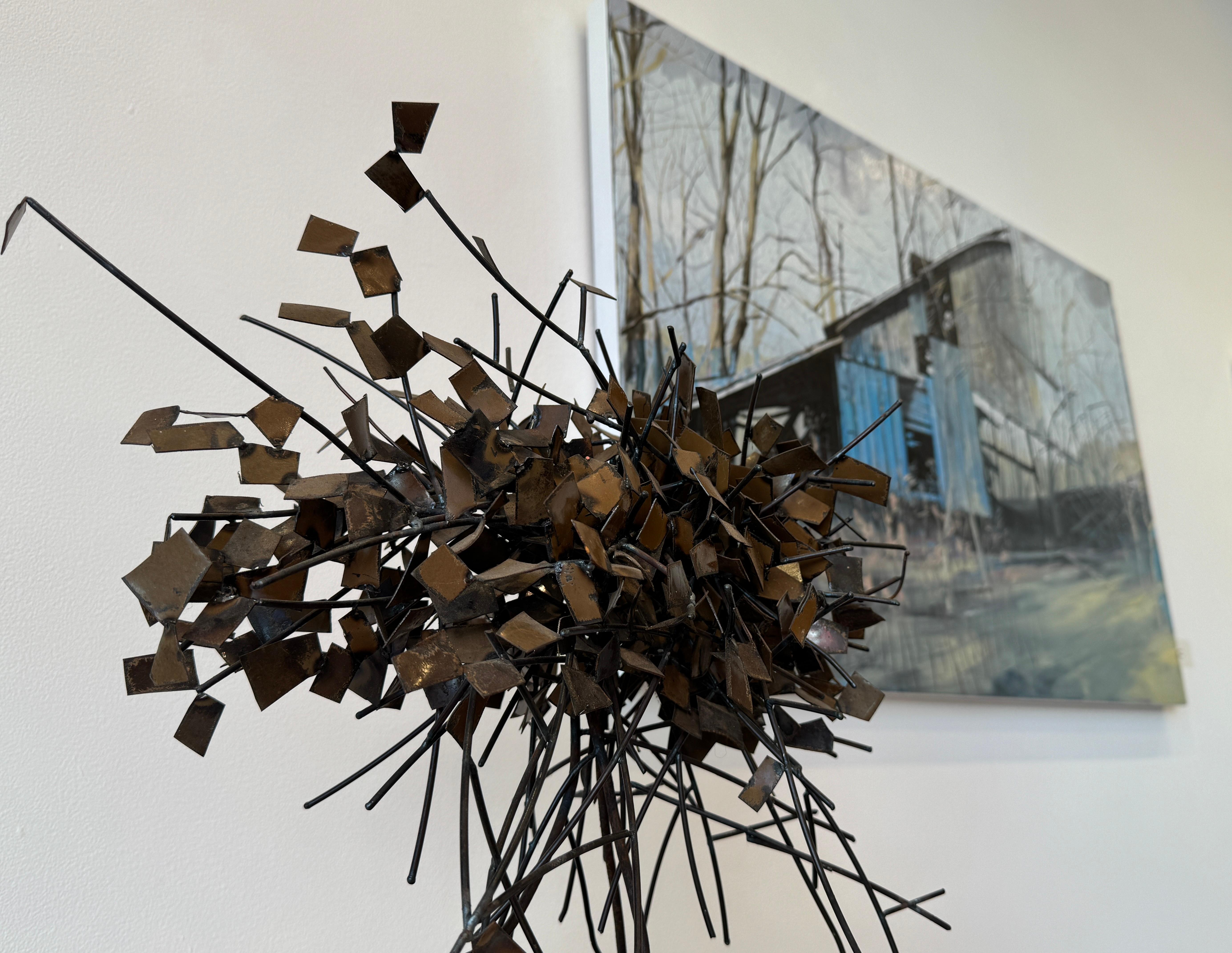 Tabletop 3d tree metal sculpture -- Iron wire and recycled metal plaques - Sculpture by Juliette Frescaline