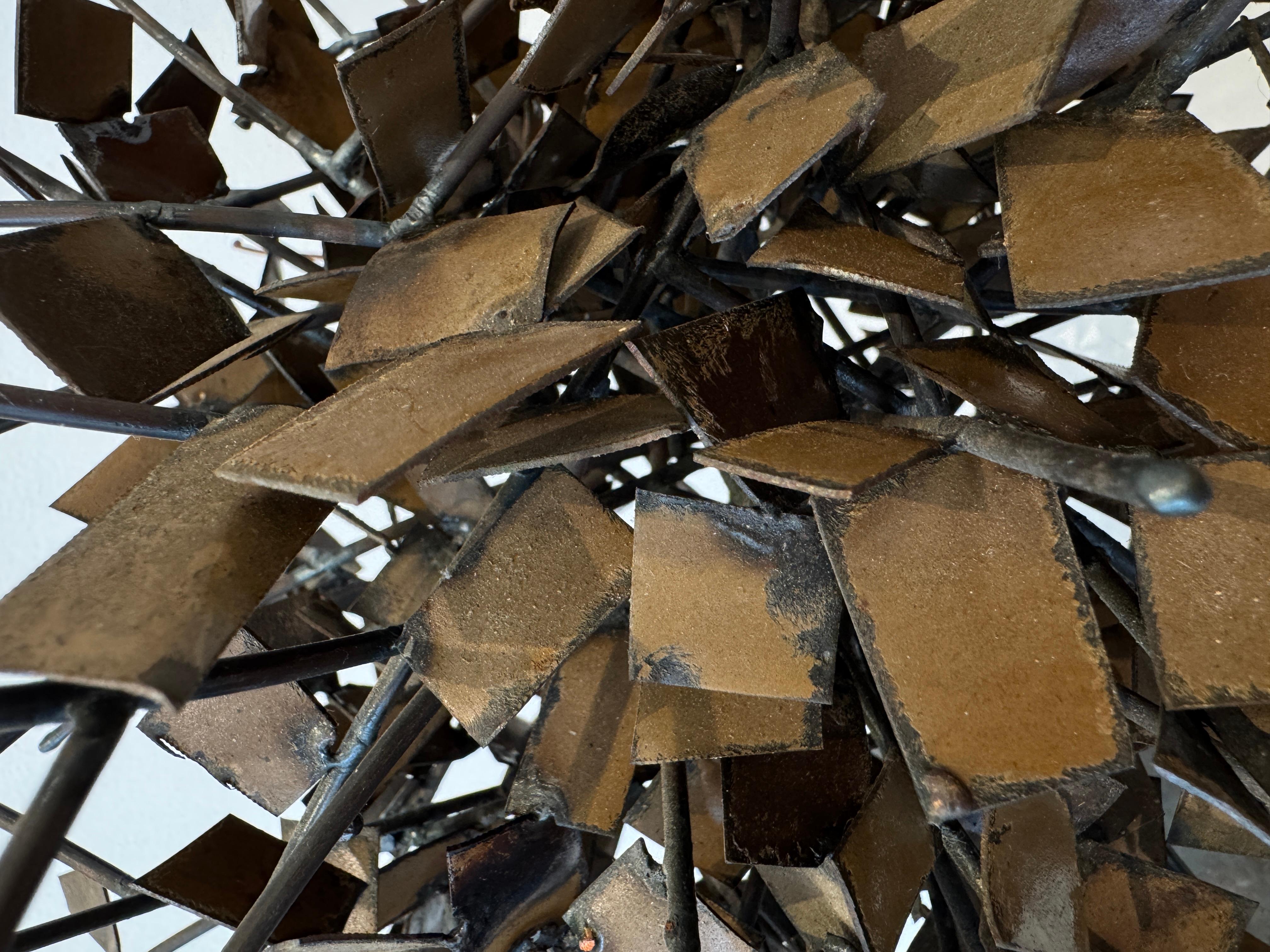 Tabletop 3d tree metal sculpture -- Iron wire and recycled metal plaques - Gray Abstract Sculpture by Juliette Frescaline