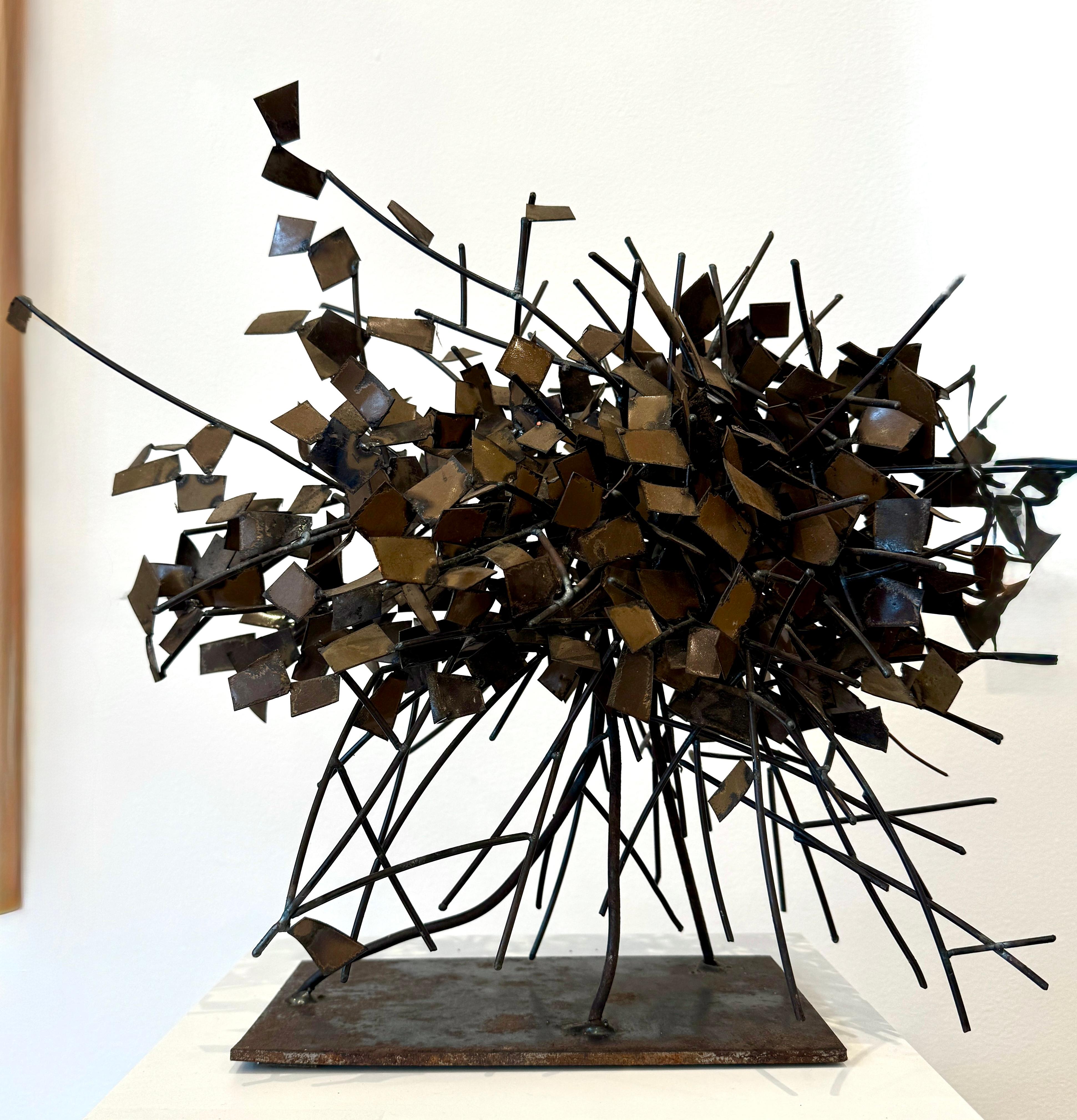 Tabletop 3d tree metal sculpture -- Iron wire and recycled metal plaques For Sale 3