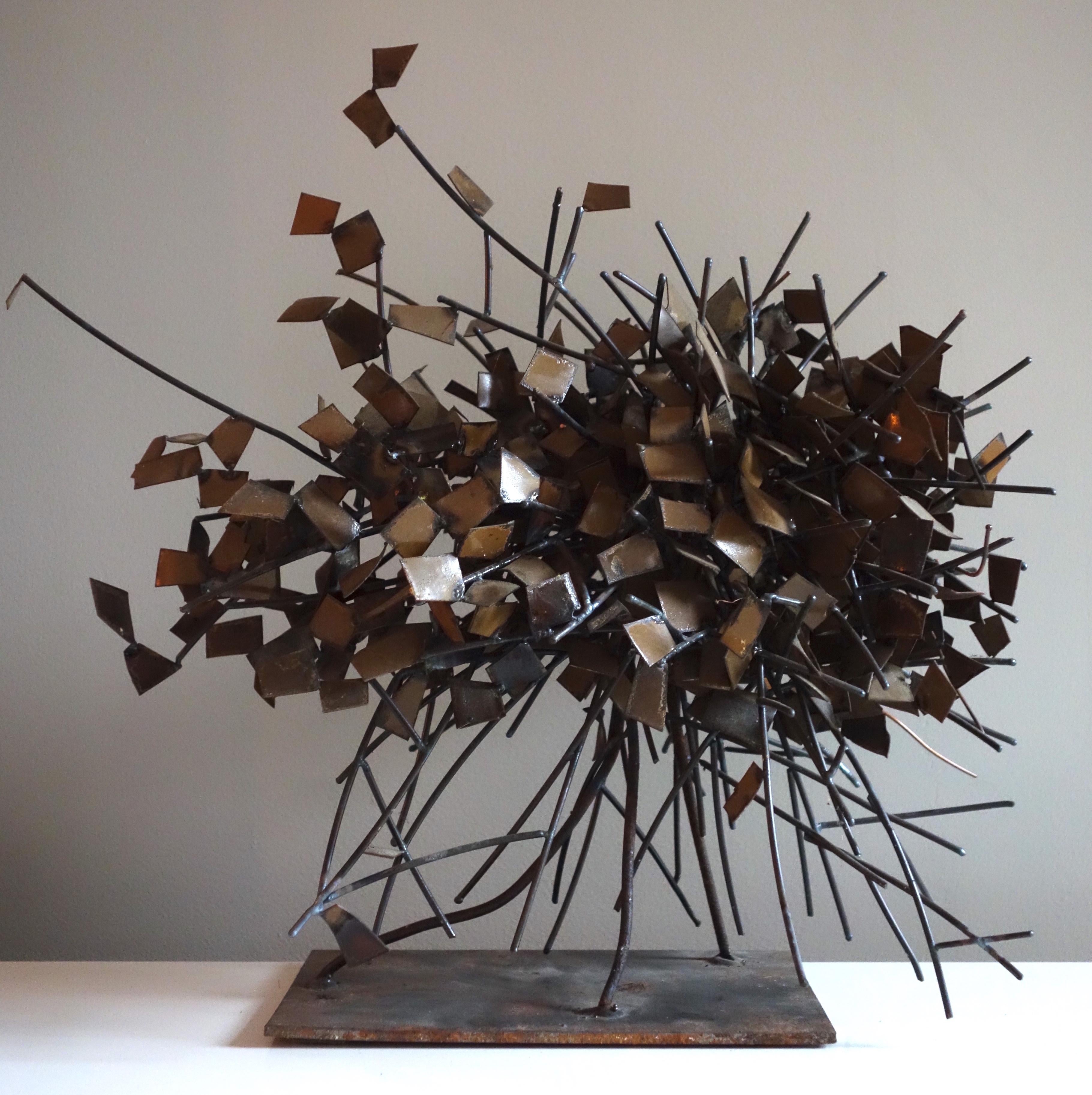 Tabletop 3d tree metal sculpture -- Iron wire and recycled metal plaques