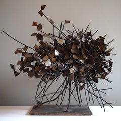 Tabletop 3d tree metal sculpture -- Iron wire and recycled metal plaques