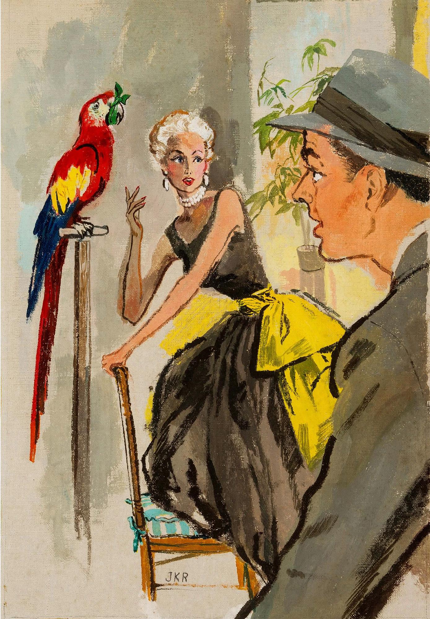 Juliette Kida Renault Figurative Painting - Classic 1950s Husband and Wife  and Gagged Parrot, Esquire Magazine Illustration