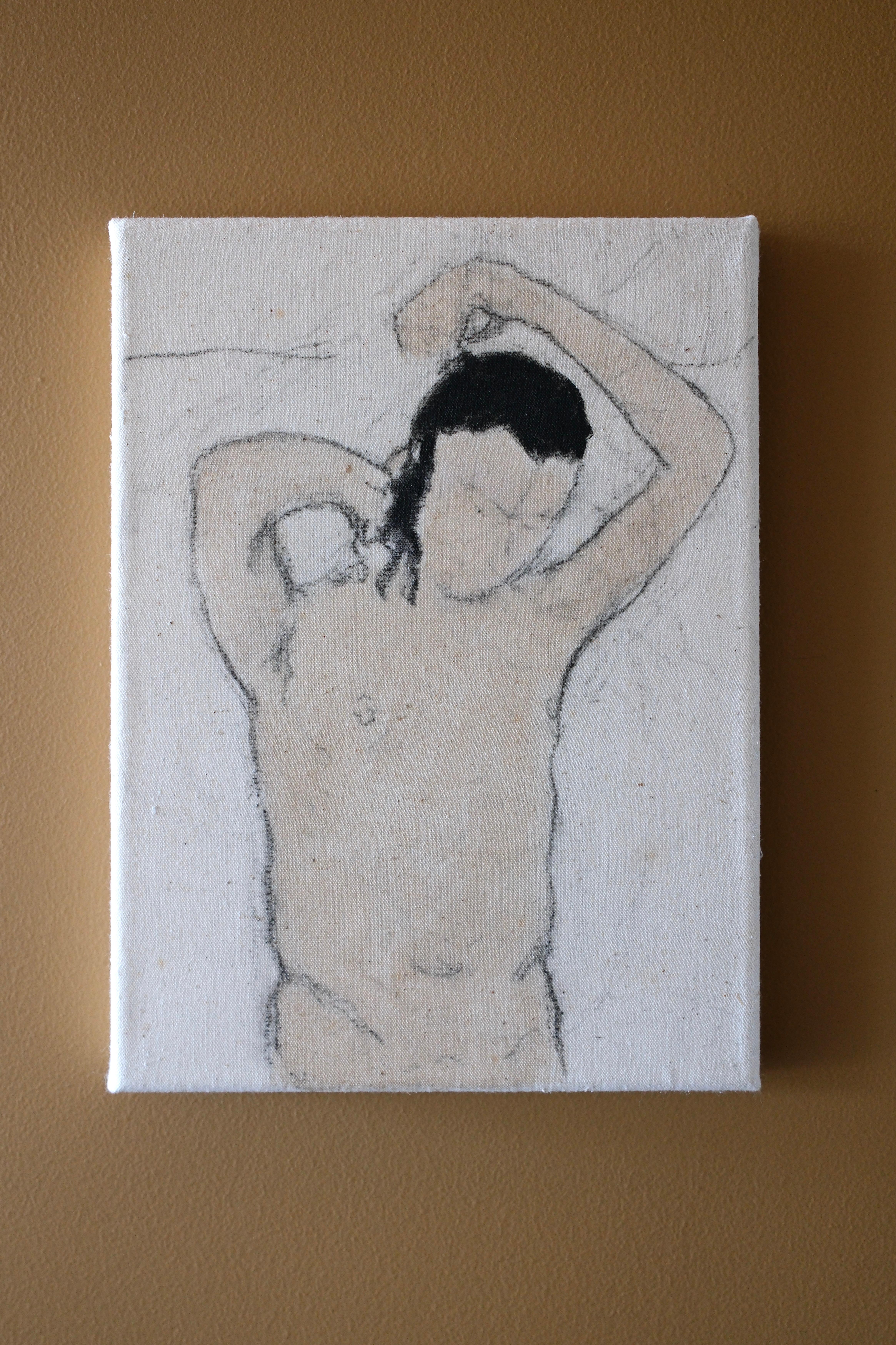 Figürliche Intimmalerei auf altem Stoff, 2023 - 'Normale Menschen' – Painting von Juliette Lemontey