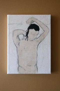 Pintura íntima figurativa sobre tela antigua, 2023 - "Gente normal".