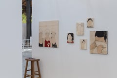 Figurative Painting of swimmer on ancient fabric, 2023 – 'Palombella Rossa'