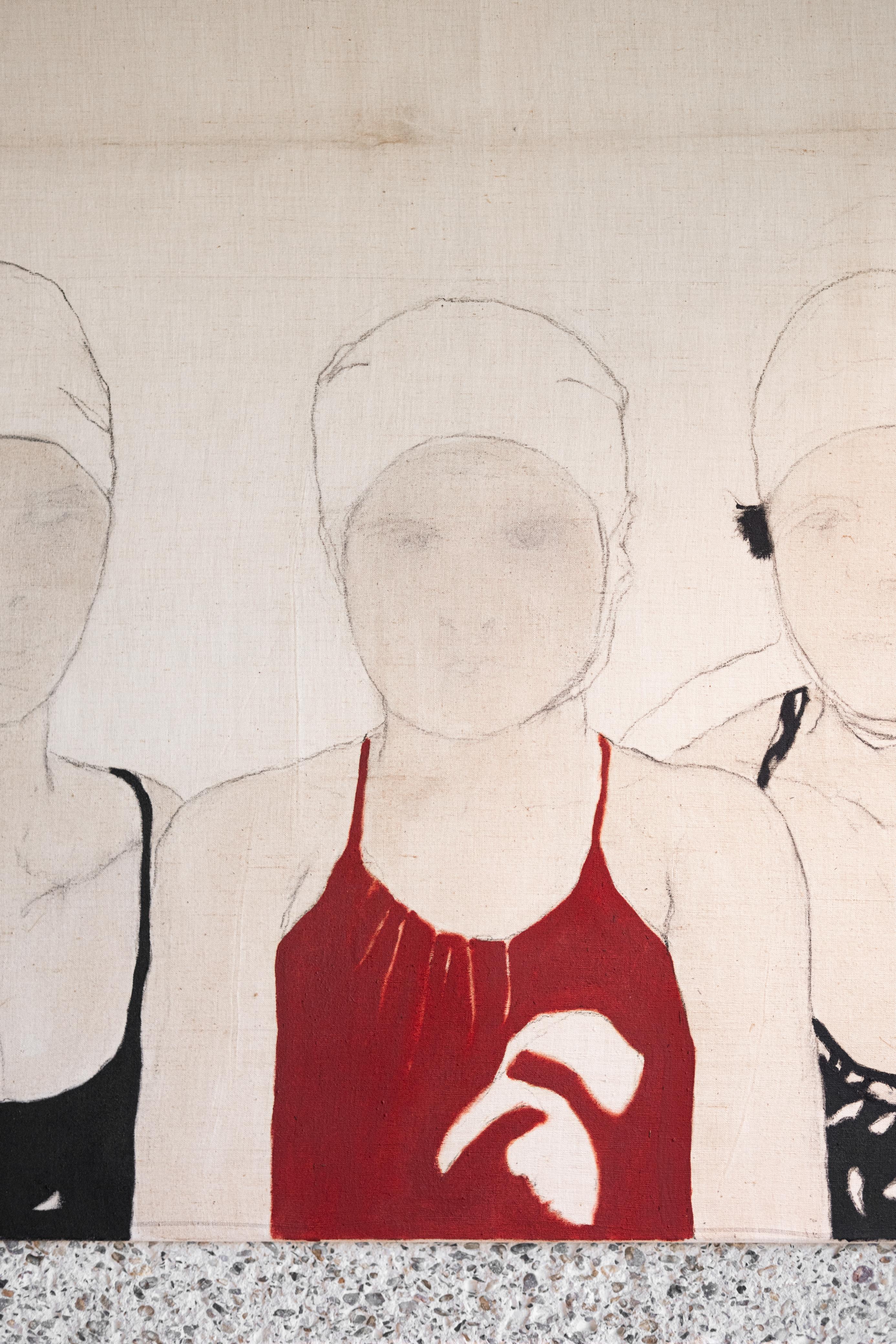 Pittura figurativa di nuotatore su tessuto antico, 2023 - 'Palombella Rossa' in vendita 1