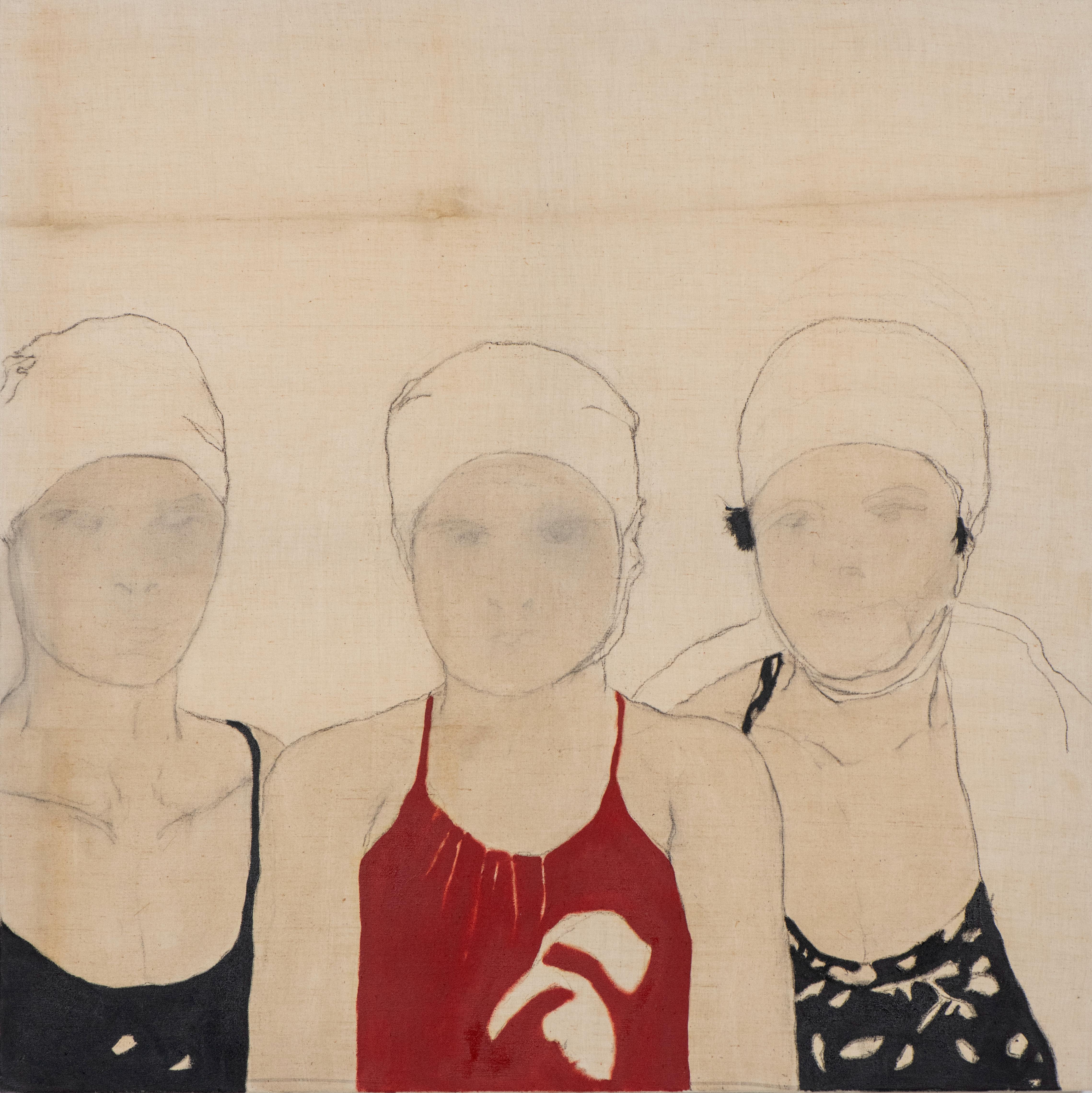 Peinture figurative d'une nageuse sur un tissu ancien, 2023 - 'Palombella Rossa'