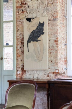L'enfant au Chat, Porträtmalerei auf Vintage-Textilien, 120x60 cm