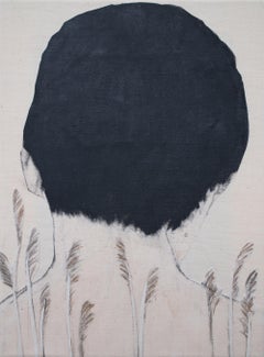 Composition poétique sur toile brute avec encre et gazons, 2025 « Dos-Dune »