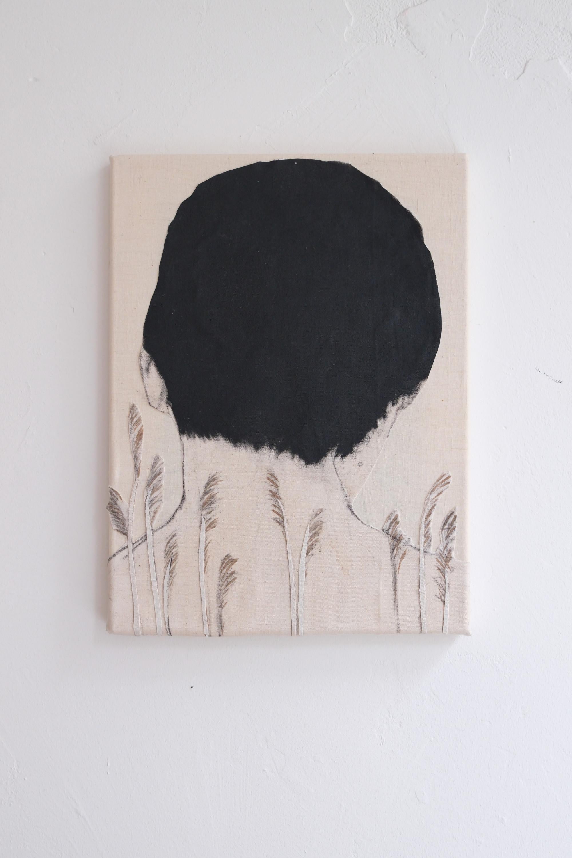 Raw Poetic Canvas Composition with Ink and Grasses, 2025 