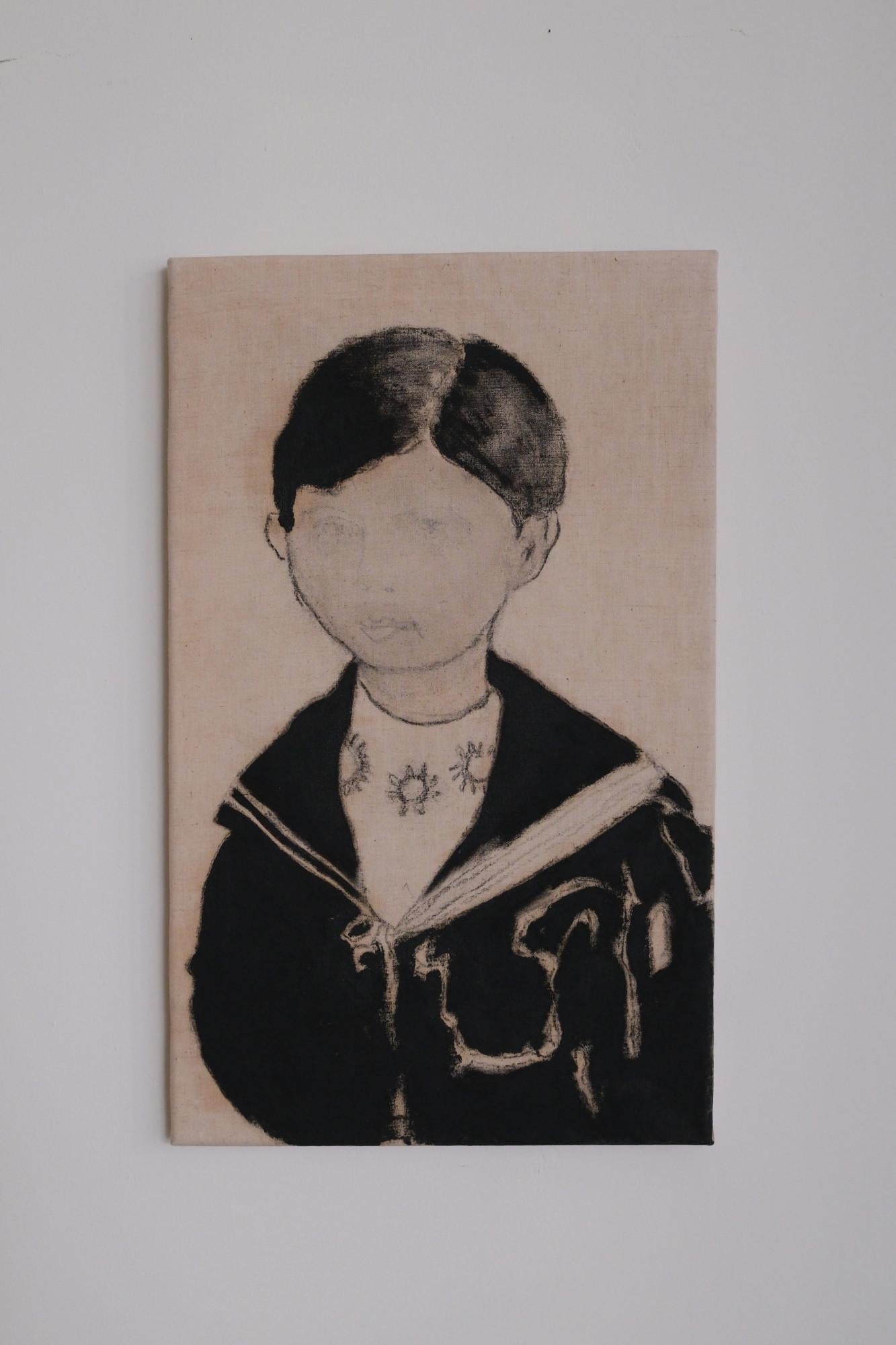 Juliette Lemontey Portrait Painting - Raw Poetic Canvas Composition with Ink on Old Canvas 2015 "Petit boy"