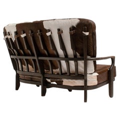 'Juliette' Sofa by Guillerme et Chambron in Solid Stained Oak and Cowhide, 1950s