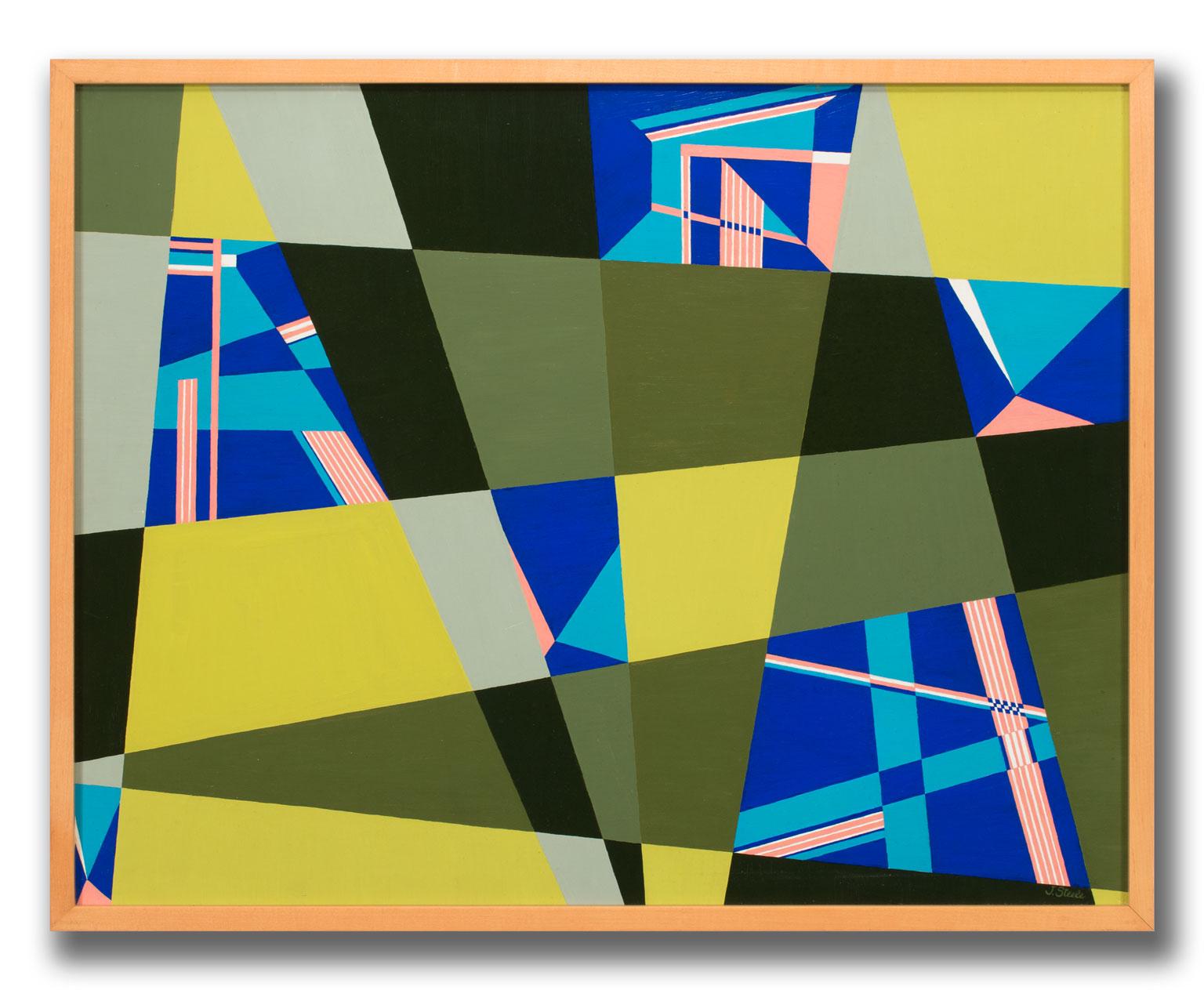 Peinture à l'huile sur massonite de Juliette Steele, abstrait géométrique, encadrée en vente 1