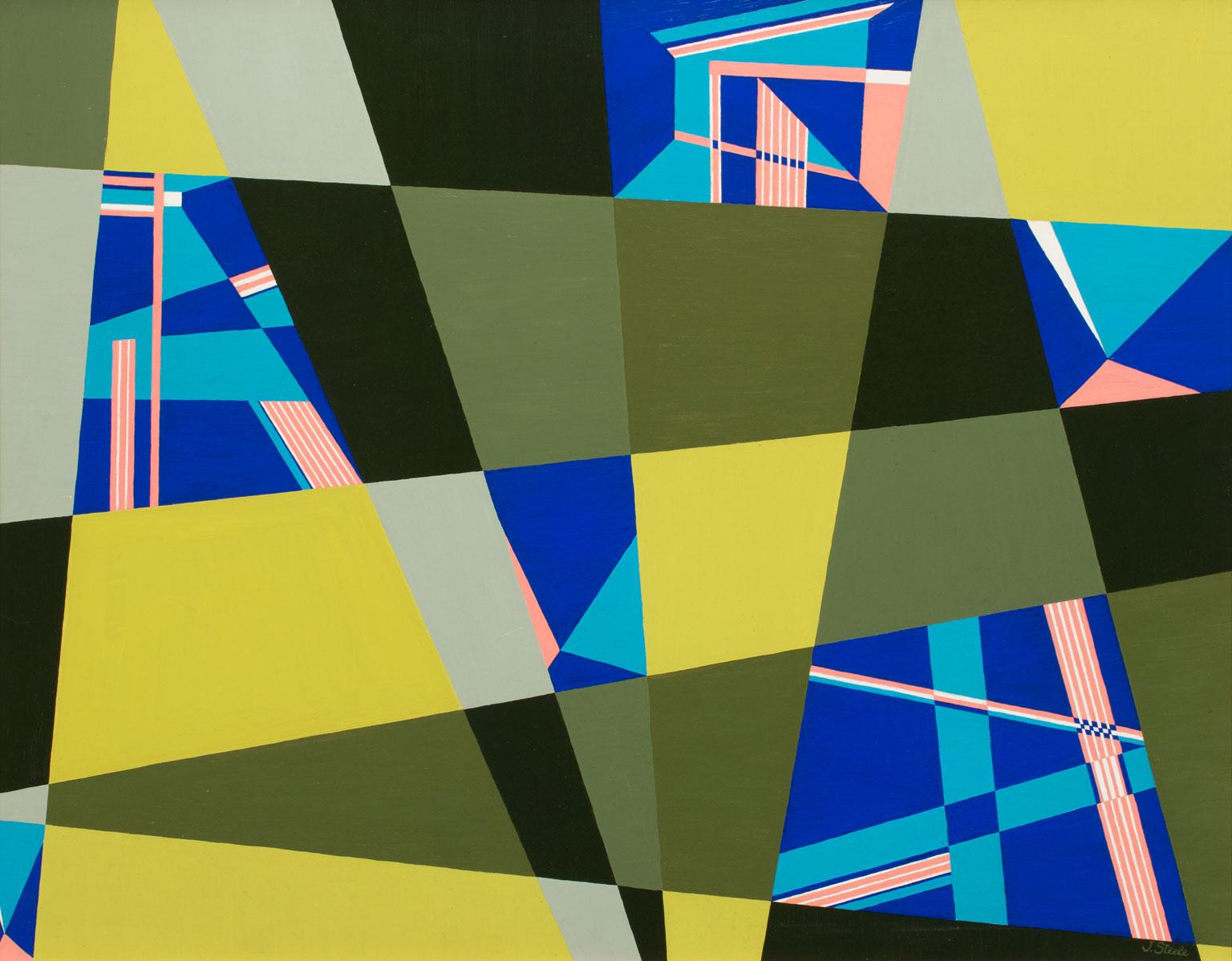 Peinture à l'huile sur massonite de Juliette Steele, abstrait géométrique, encadrée en vente 2