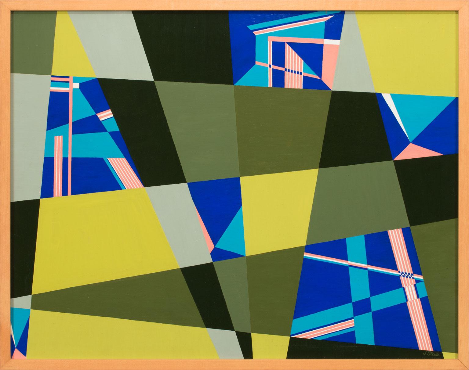 Untitled Geometric Abstraction, une huile originale sur masonite de Juliette Steele, est une pièce pour le vrai collectionneur. L'utilisation par Steele de la couleur et des motifs captive immédiatement le spectateur, rappelant les œuvres d'autres