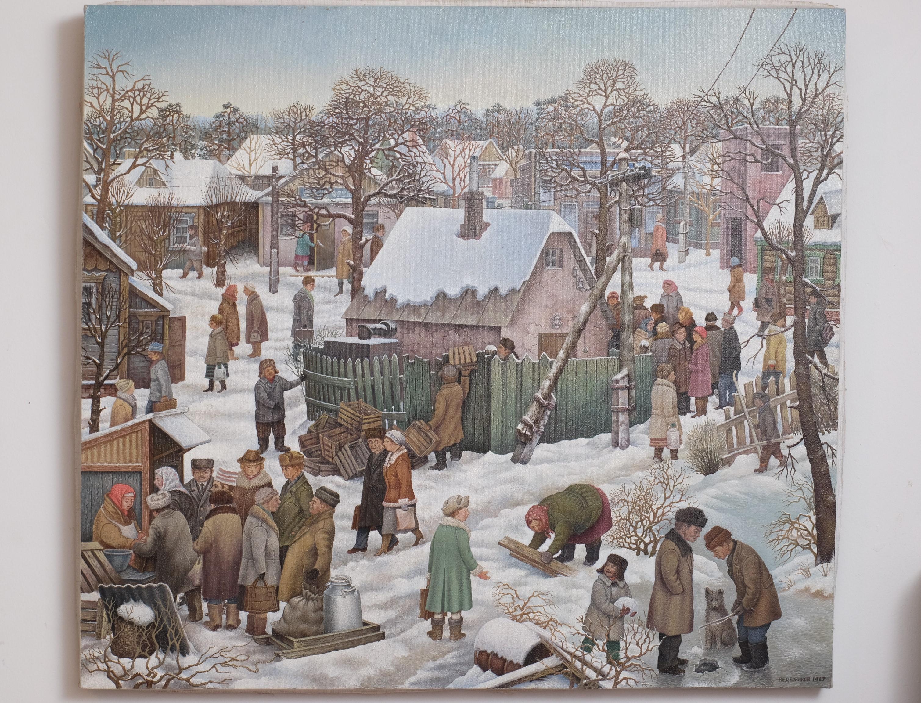 Peinture à l'huile sur toile de Julij Anatolevic VEDERNIKOV. Signé et daté (1987).

Riche représentation d'un paysage de village hivernal en Russie. L'agitation du marché, les femmes qui ramassent du bois, les hommes qui pêchent,... 
