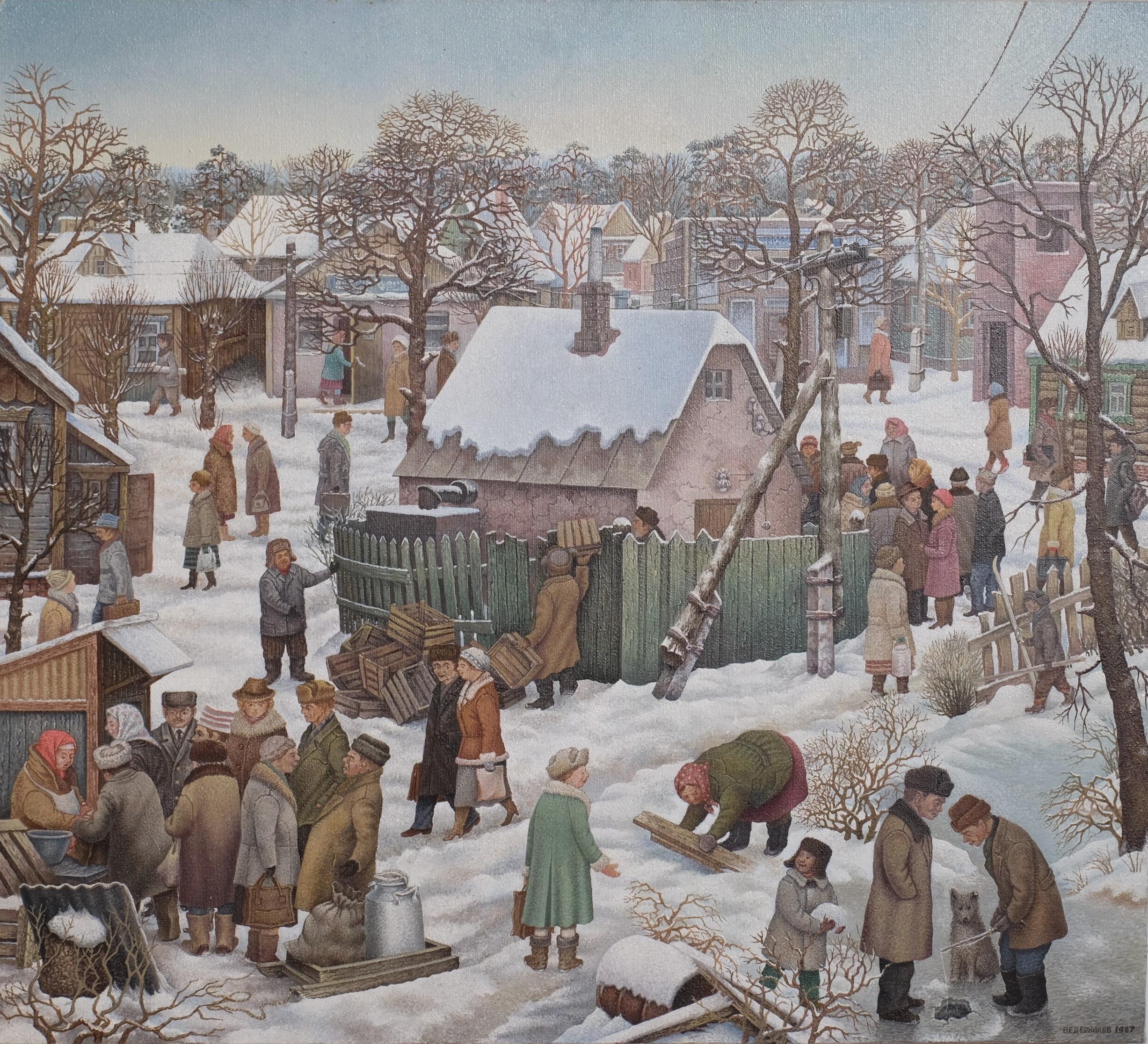 Scène d'hiver dans un village russe de Julij Anatolevic VEDERNIKOV en vente