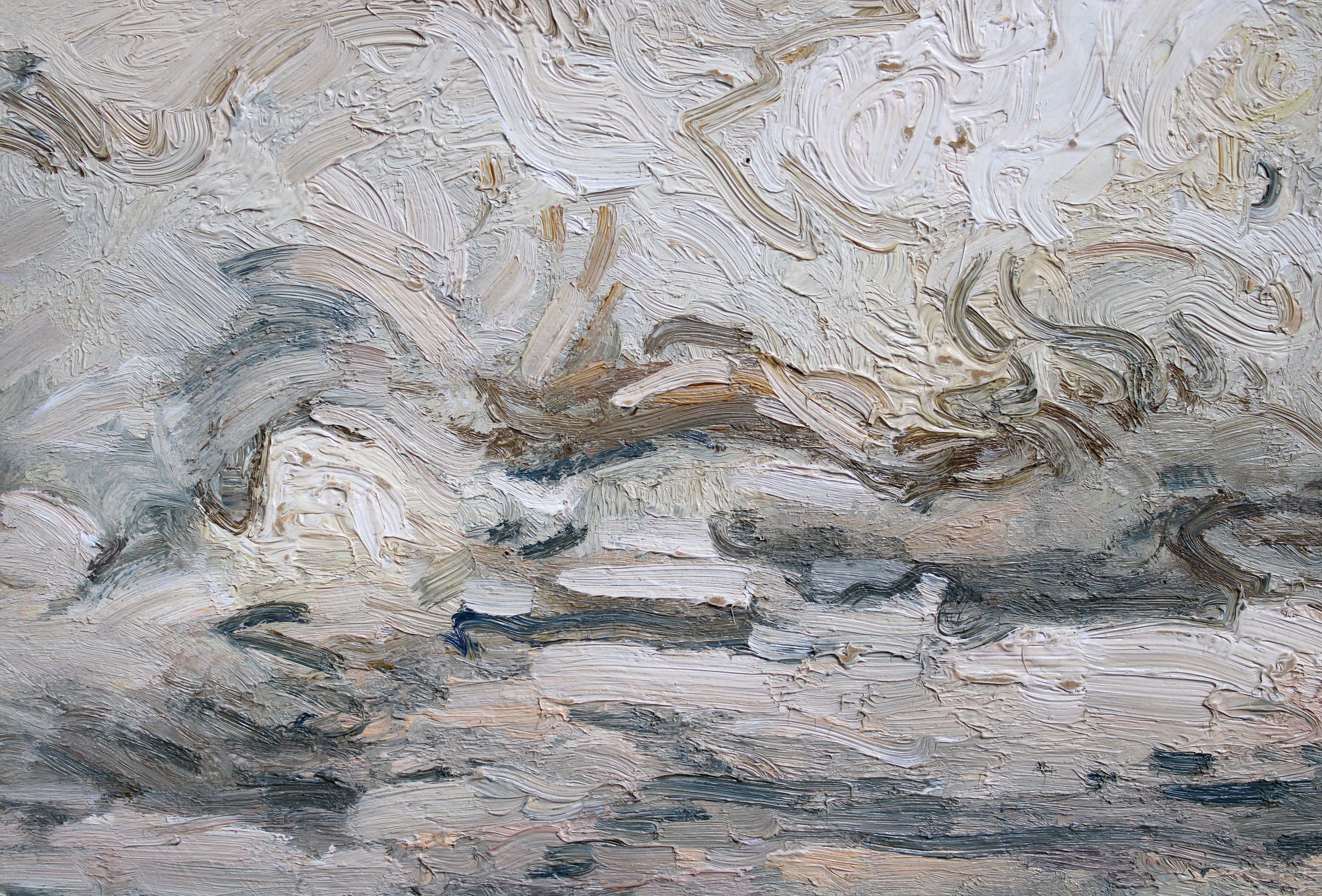 Clouds over the sea. 1974, cardboard, oil, 36.5x49 cm - Painting by Julijs Vilumainis