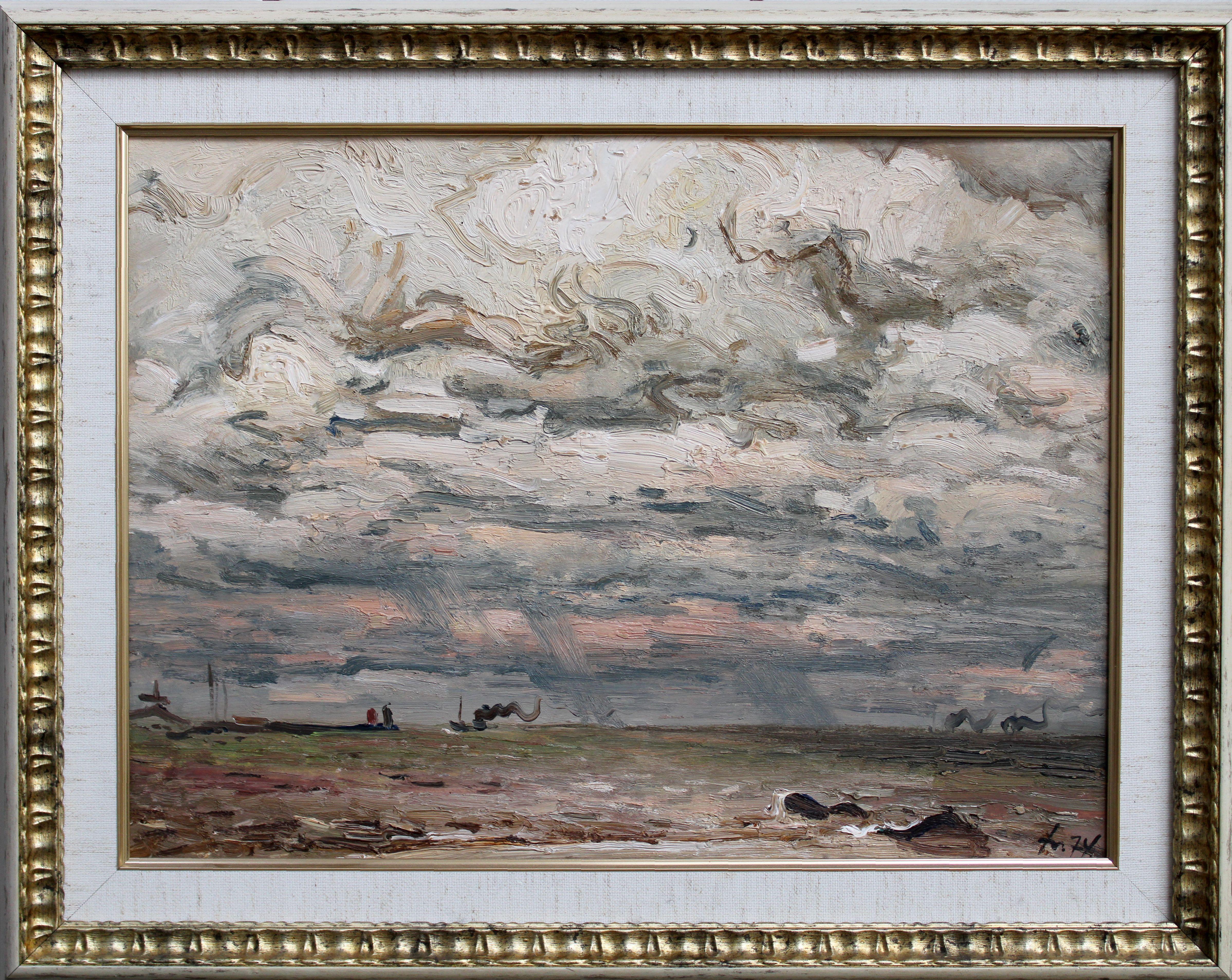 Clouds over the sea. 1974, cardboard, oil, 36.5x49 cm For Sale 4