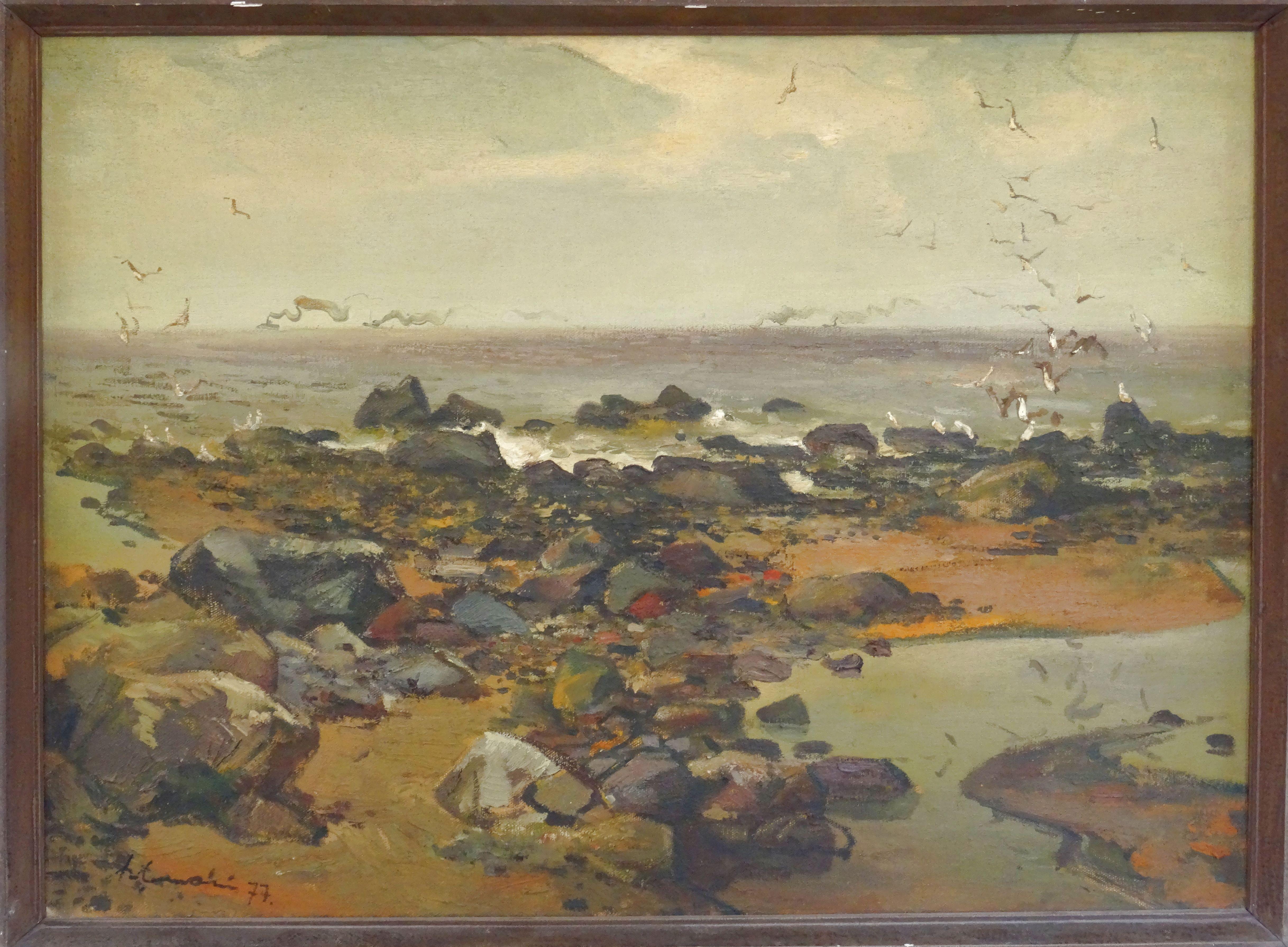 Evening at the sea. 1977, canvas, oil, 73x100 cm - Painting by Julijs Vilumainis