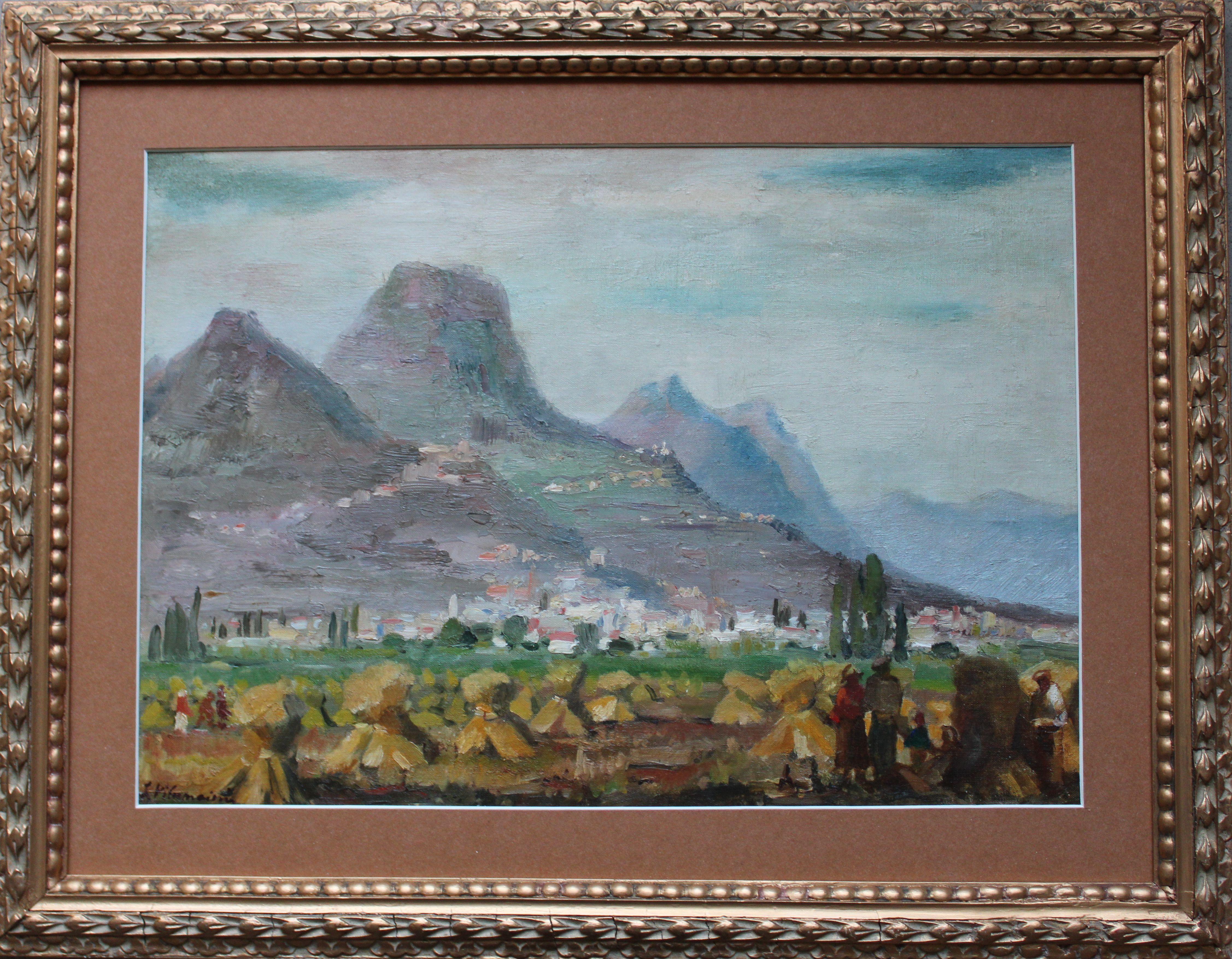 Landscape with mountains, south of France. Oil on cardboard on canvas, 38x53 cm - Gray Landscape Painting by Julijs Vilumainis