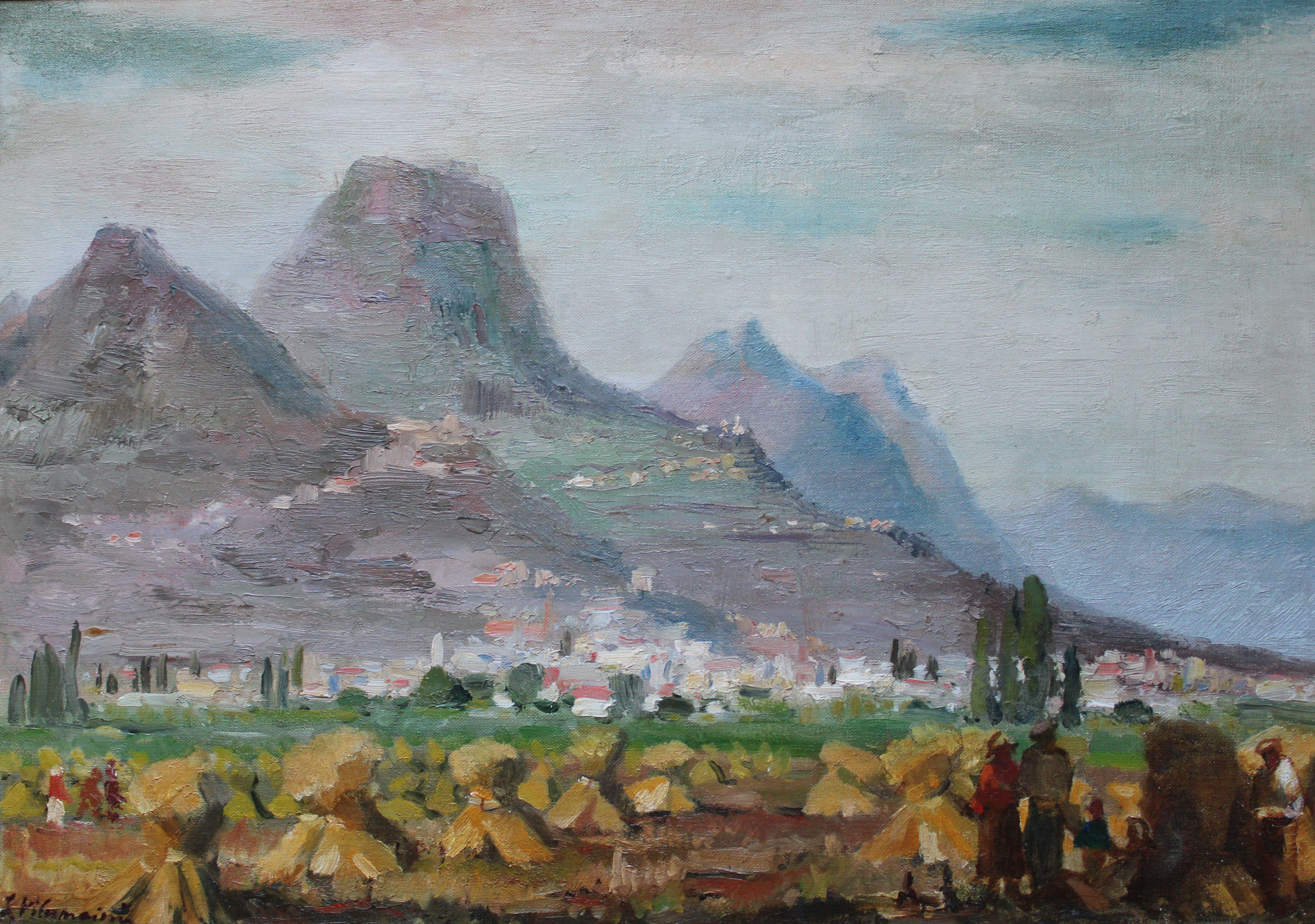 Julijs Vilumainis Landscape Painting – Landschaft mit Bergen, Südfrankreich. Öl auf Karton auf Leinwand, 38x53 cm